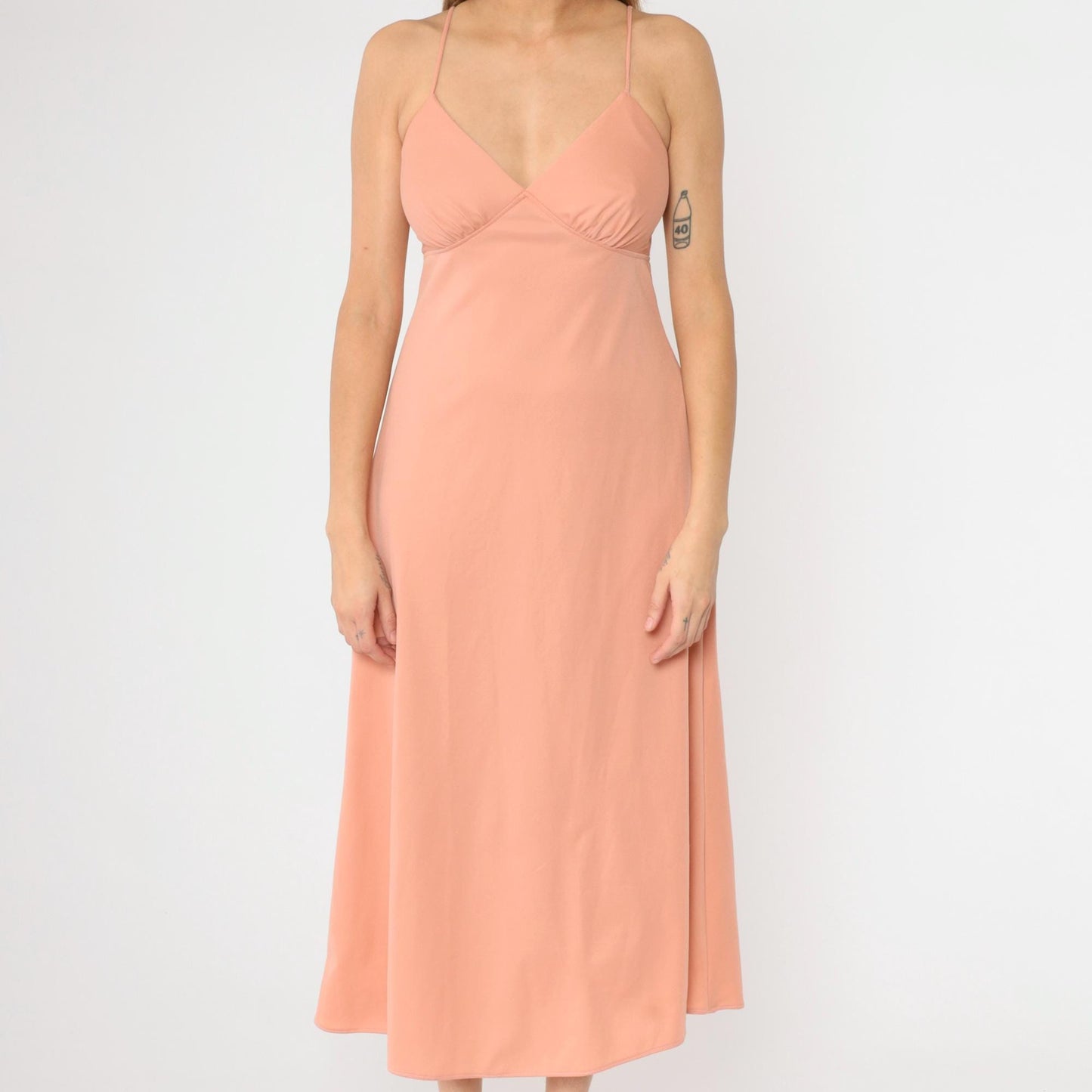 1970s Dusty Pink Empire Waist Maxi Dress V-Neck Spaghetti Strap Small