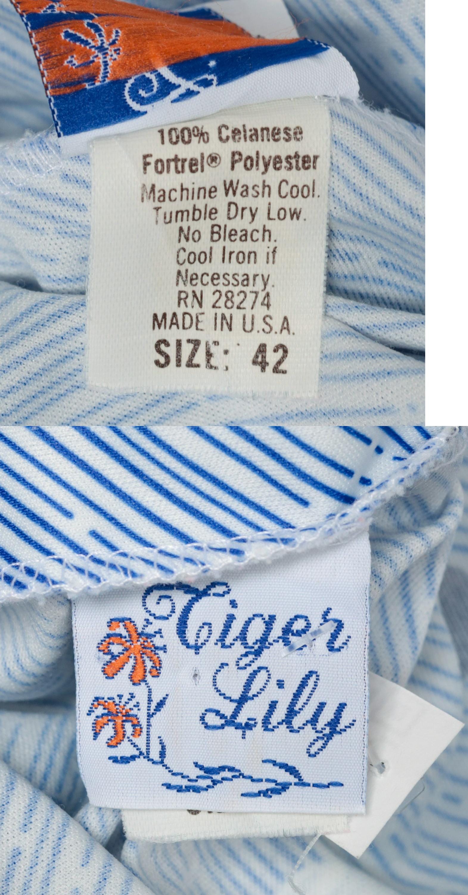 80s Tiger Lily Polka Dot Ascot Blouse Blue White Striped Short Sleeve Extra Large