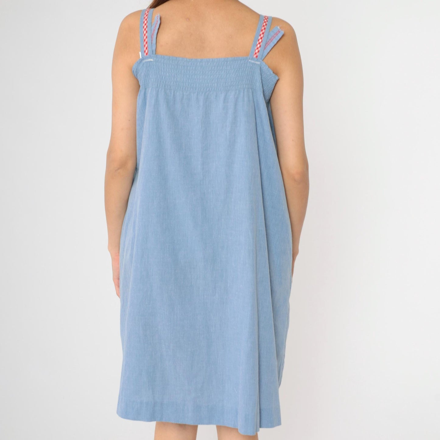 80s Blue Chambray Midi Dress Floral Embroidered Snap Button Sleeveless Small Medium