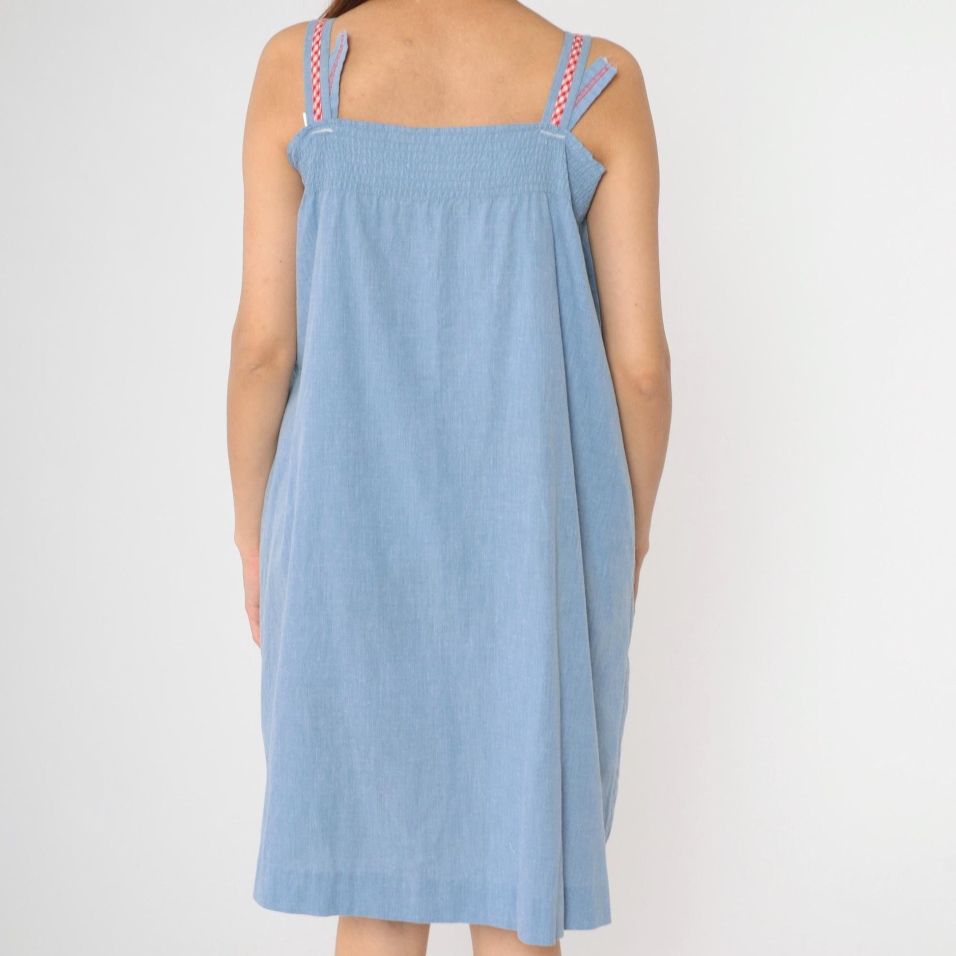 80s Blue Chambray Midi Dress Floral Embroidered Snap Button Sleeveless Small Medium