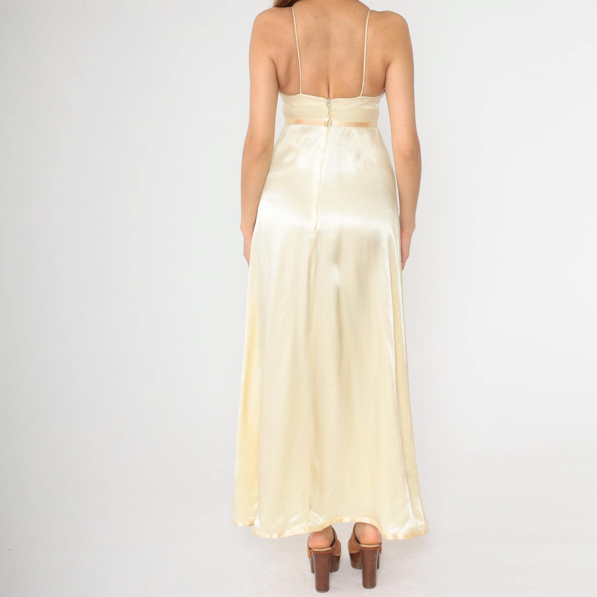 70s Gunne Sax Cream Satin Maxi Dress Floral Embroidered Empire Waist Extra Small