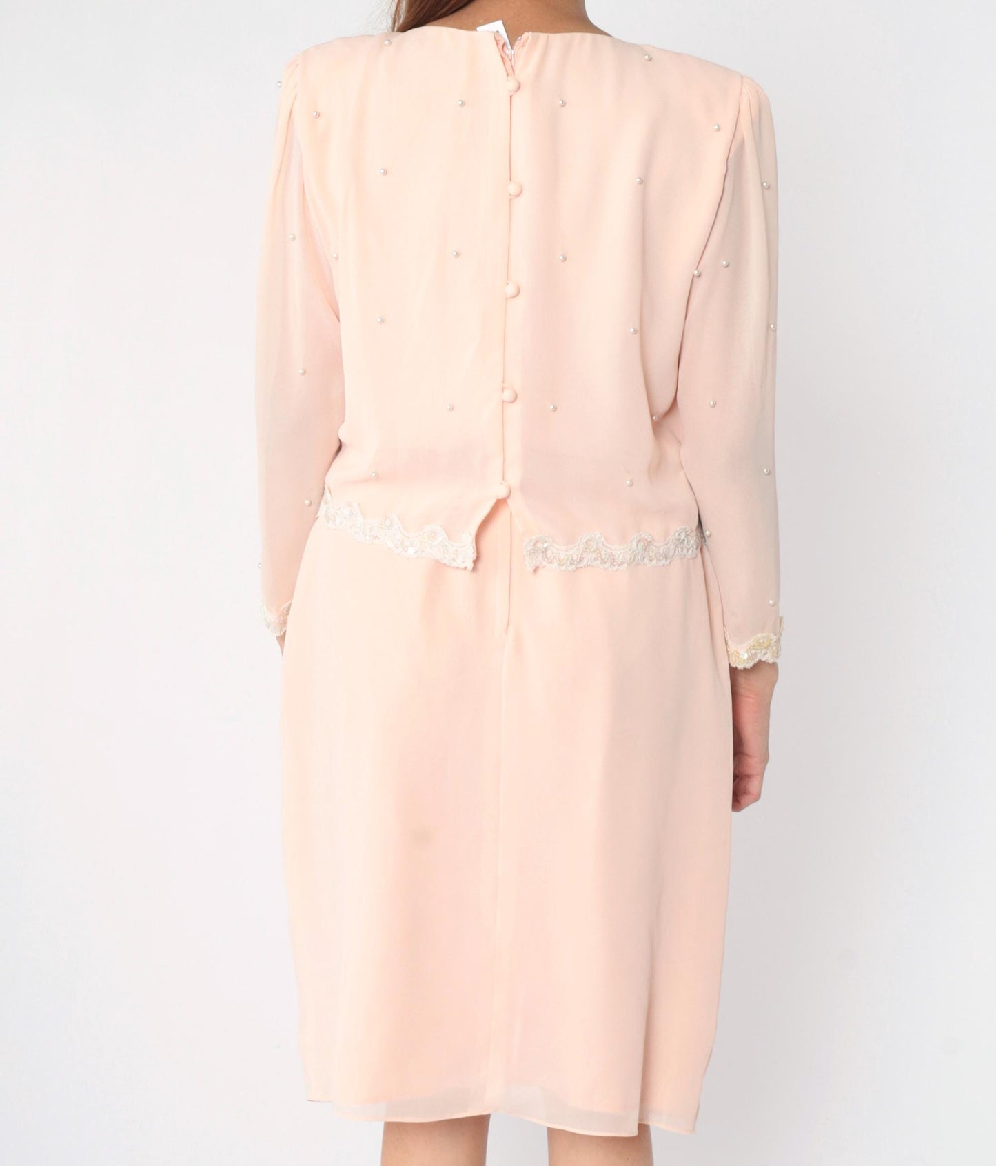 80s Miss Elliette Baby Pink Chiffon Midi Dress Puff Sleeve Beaded Sequin Medium