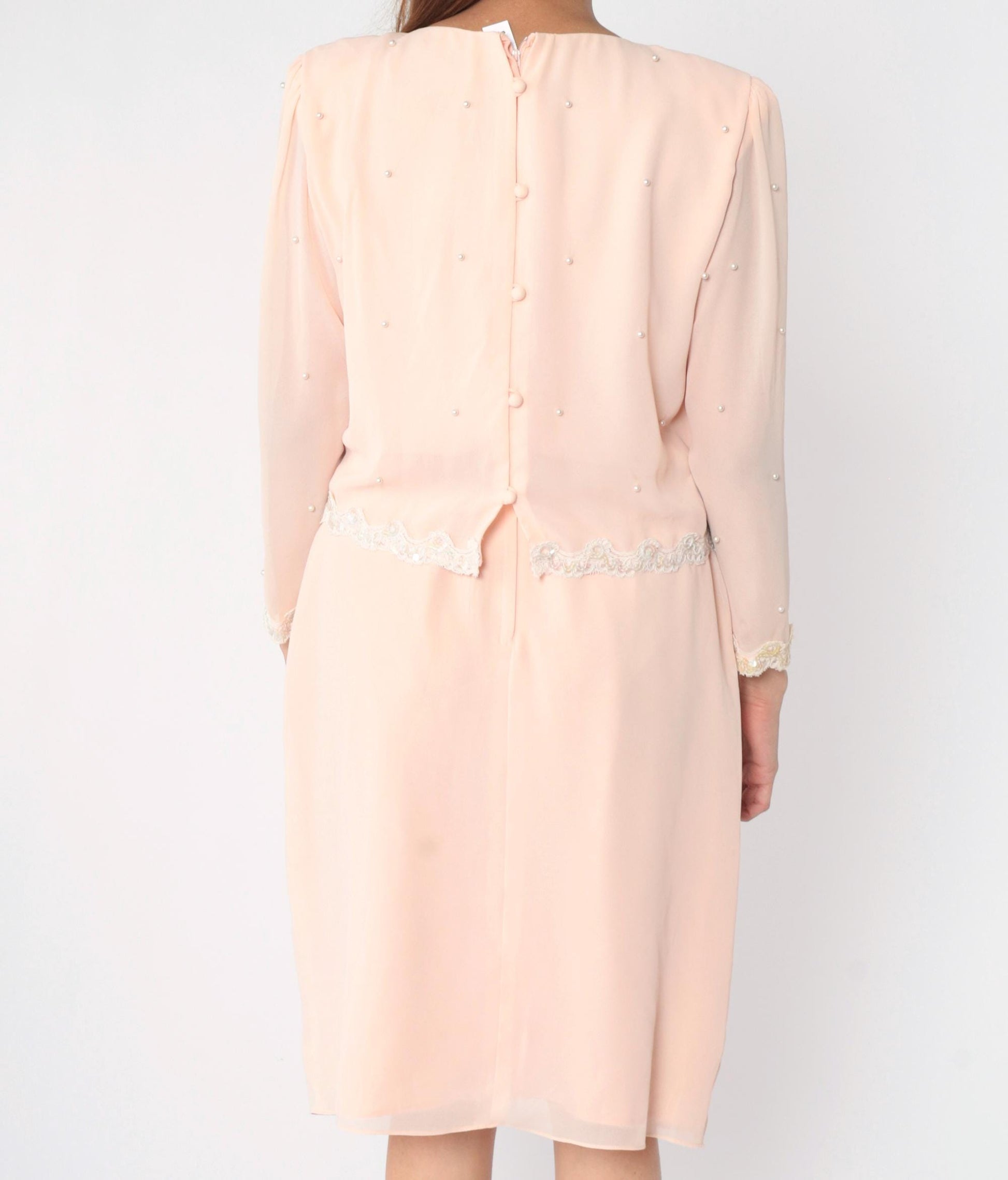 80s Miss Elliette Baby Pink Chiffon Midi Dress Puff Sleeve Beaded Sequin Medium