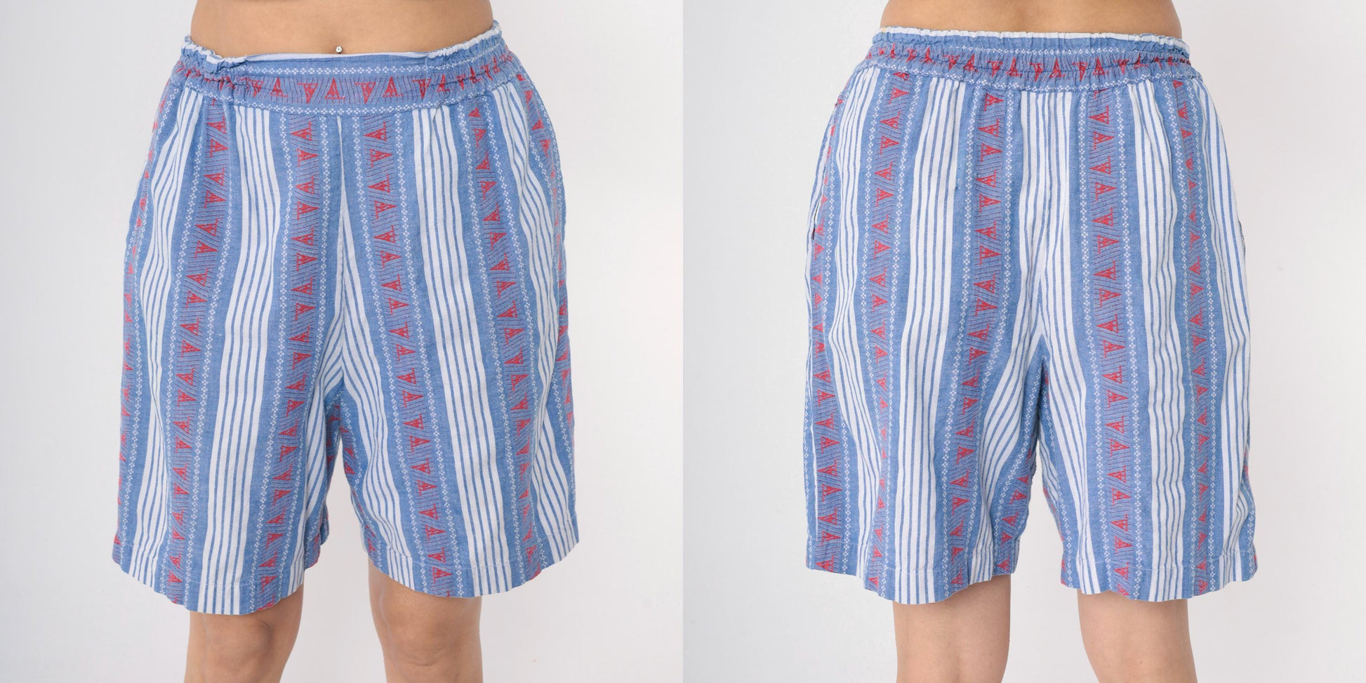 90s Chez T Striped Cotton Shorts Sailboat Nautical Blue White Red Medium