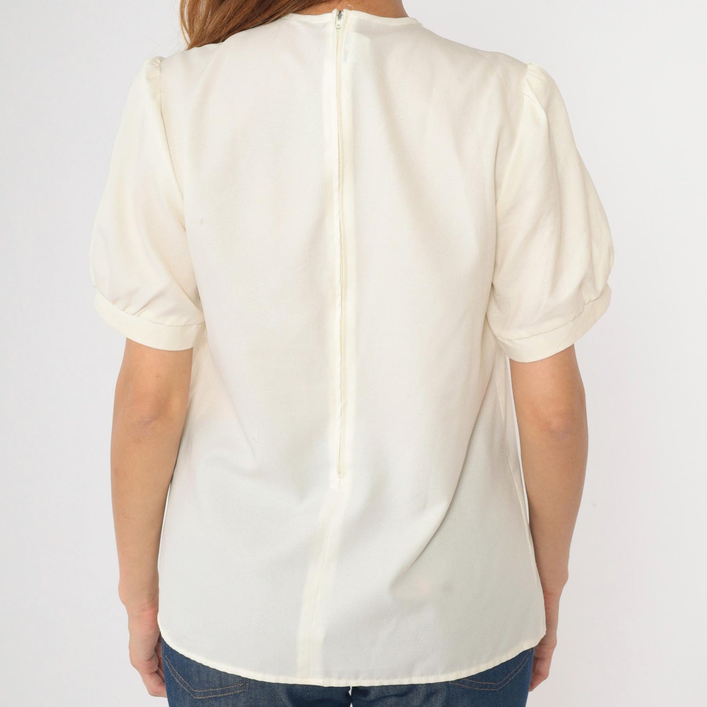 70s Victorian Cream Blouse Embroidered Lace Yoke Puff Sleeve Medium M