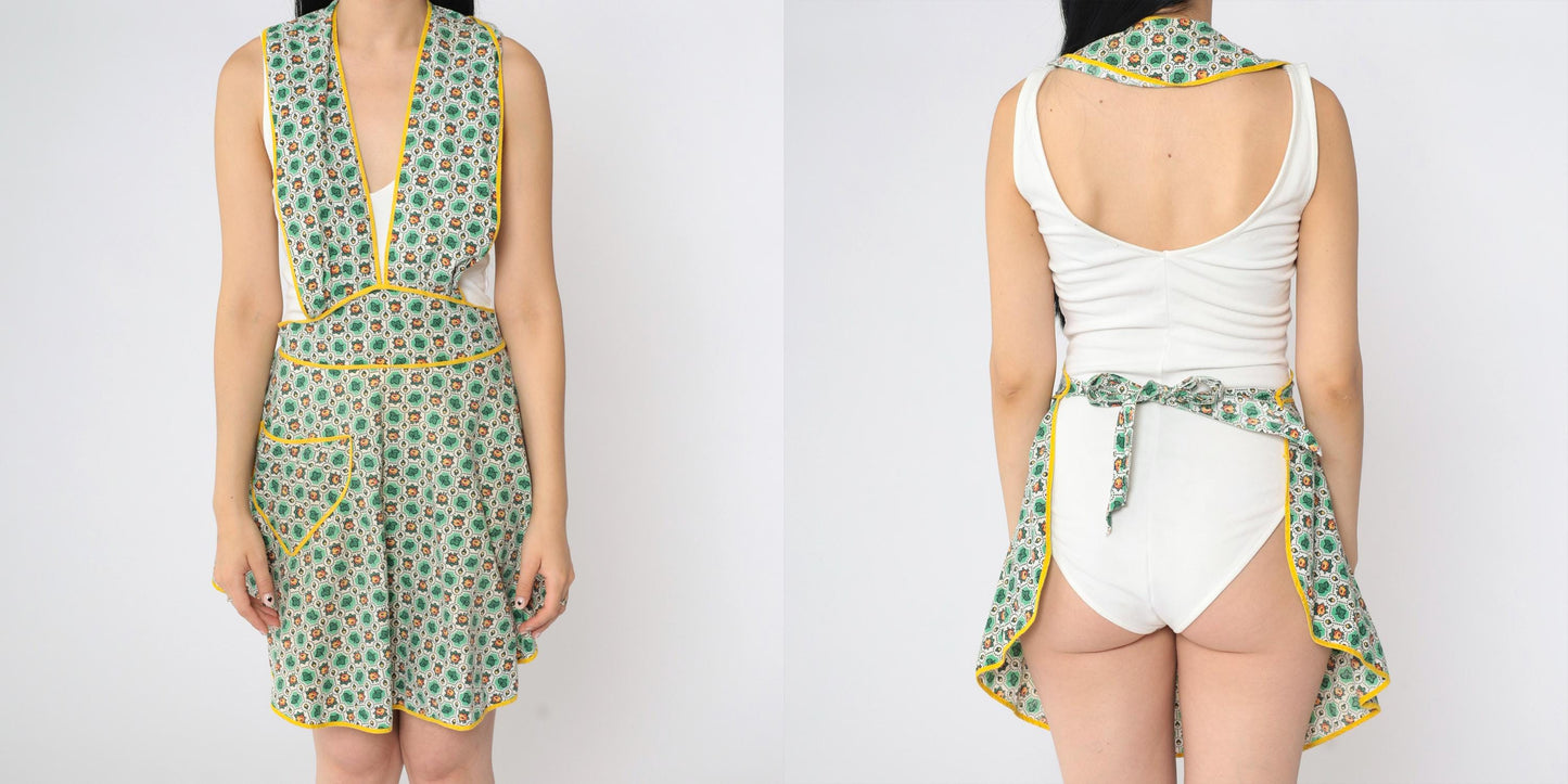 1970s Floral Leaf Print Apron Dress Mini Deep V Neck Open Back Small Medium