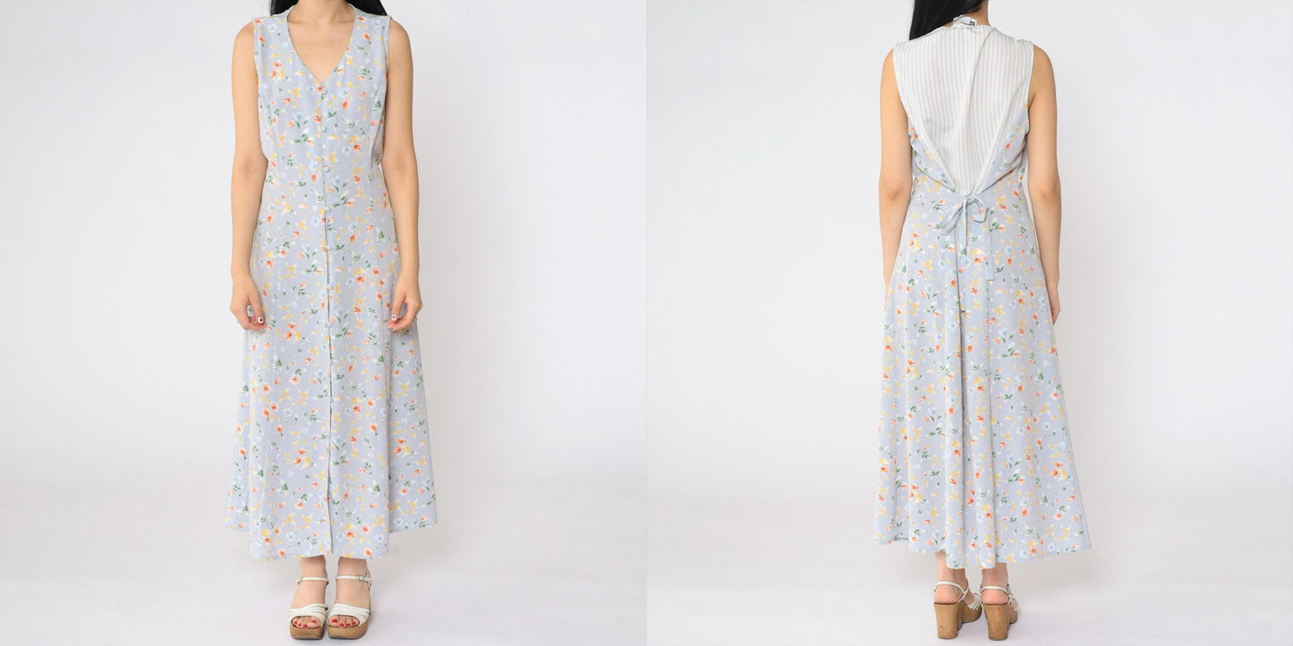 90s Grey-Blue Floral Maxi Dress Button-Up V-Neck Ankle Length Medium