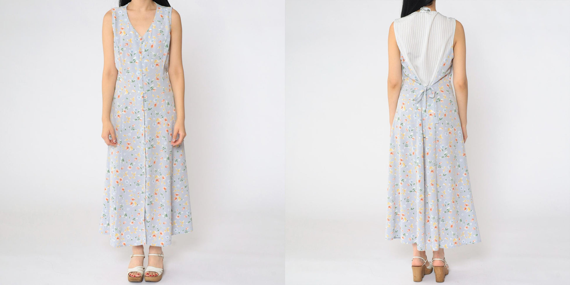90s Grey-Blue Floral Maxi Dress Button-Up V-Neck Ankle Length Medium