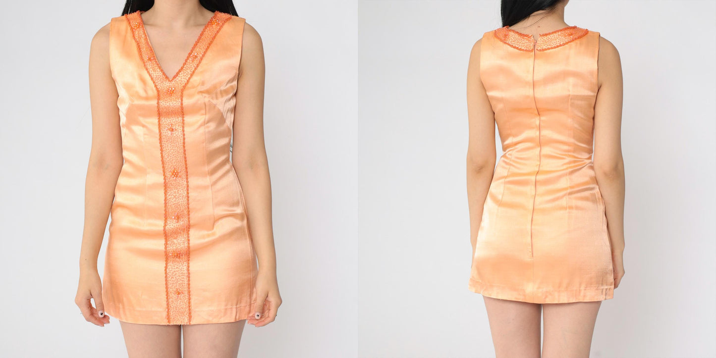 1960s Peach Beaded Sheath Dress Sleeveless V-Neck Mini Extra Small
