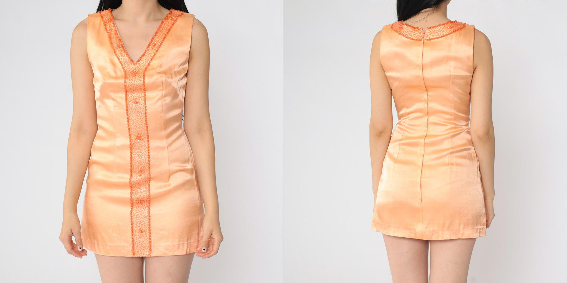 1960s Peach Beaded Sheath Dress Sleeveless V-Neck Mini Extra Small