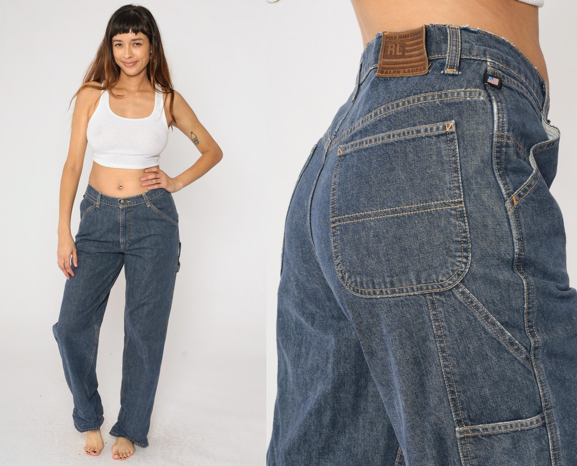 90s Ralph Lauren Polo Carpenter Jeans Dark Wash High Rise Wide Leg Size 10