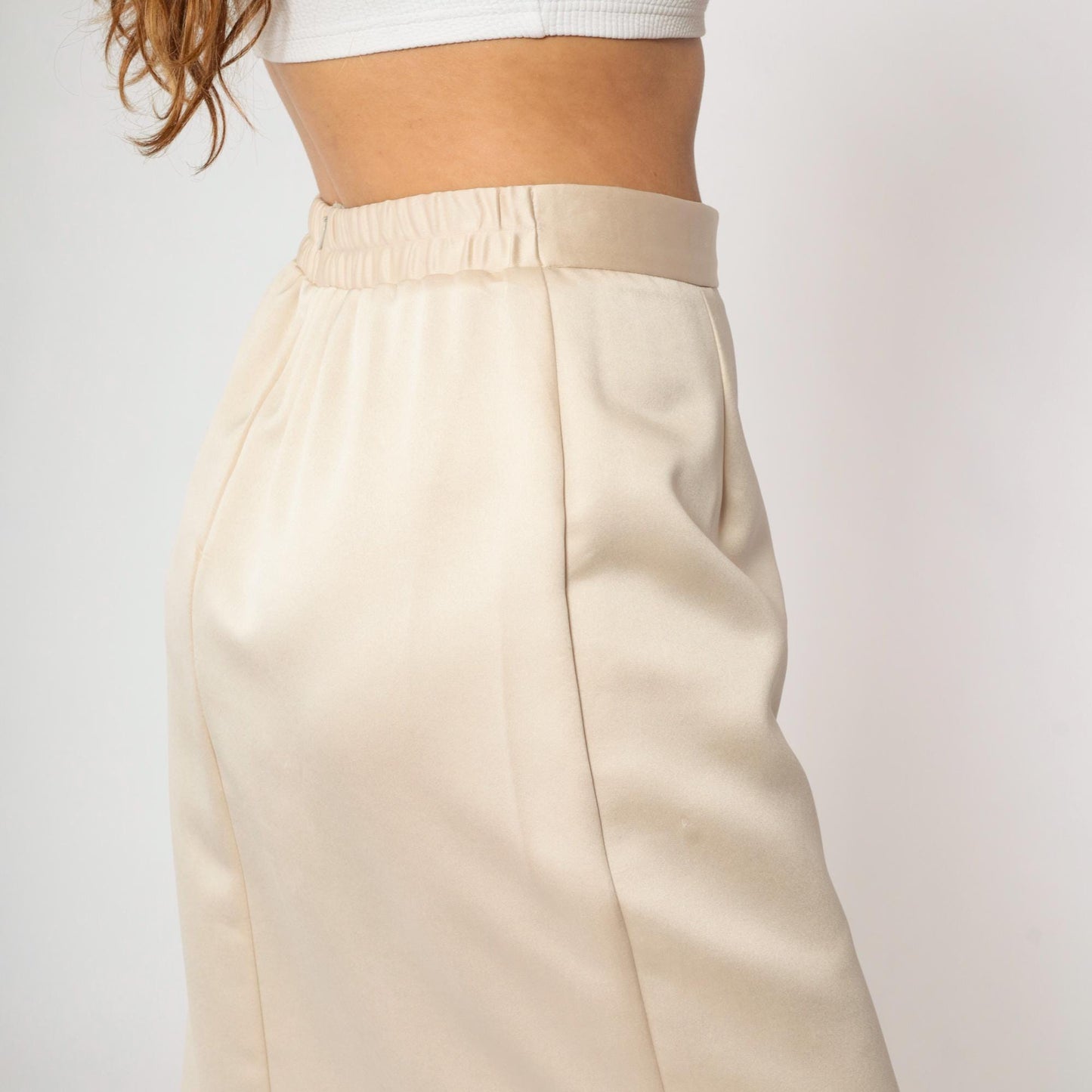 90s JR Nites Cream Satin Maxi Skirt High Front Slit Column Small
