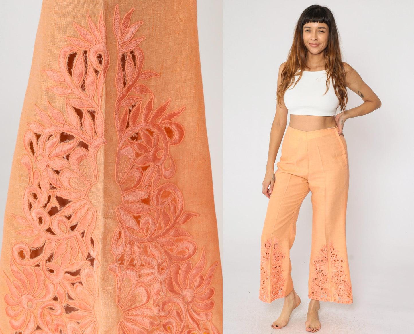 70s Orange Lace Cutwork Bell Bottom Pants High Rise Flared Small