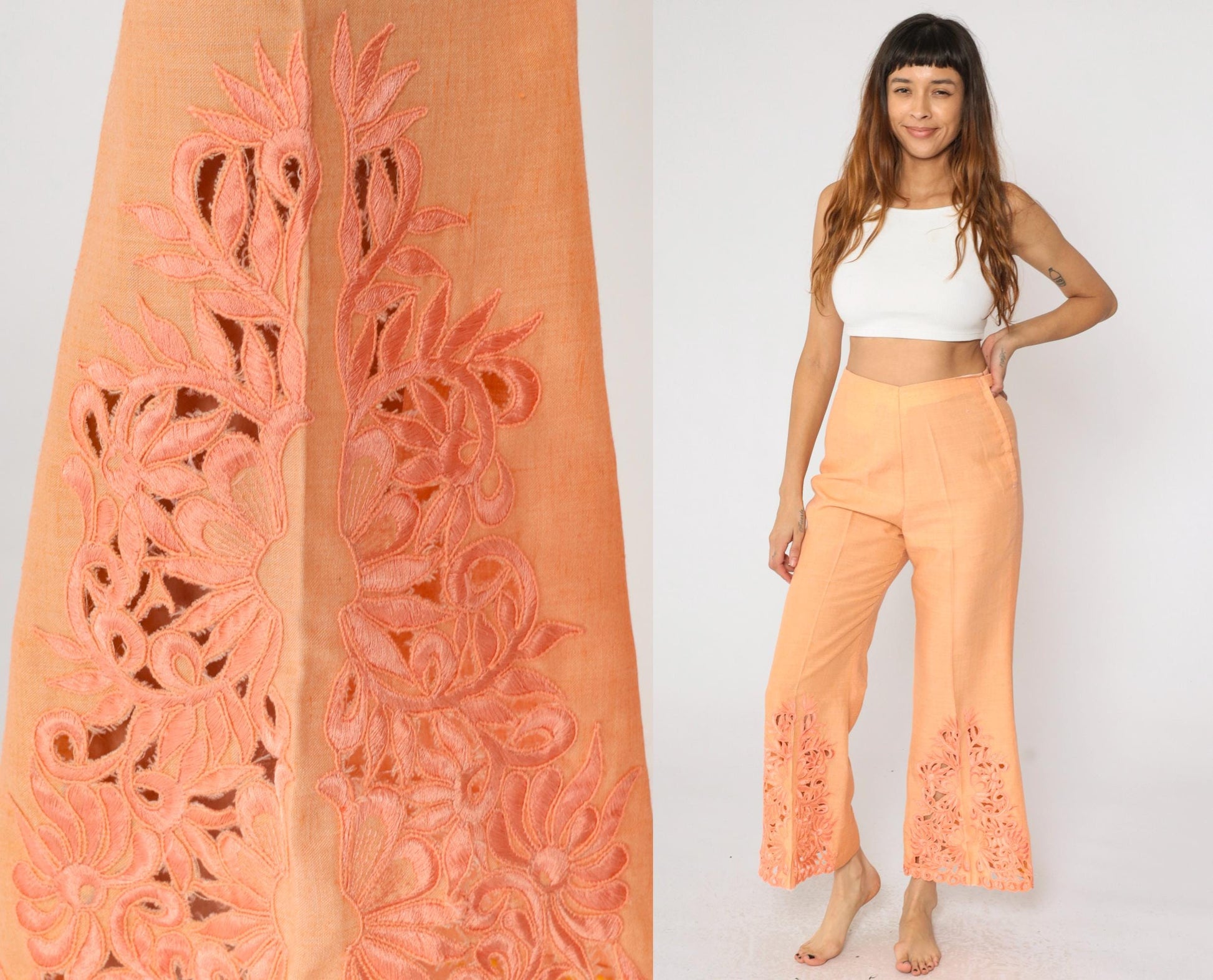 70s Orange Lace Cutwork Bell Bottom Pants High Rise Flared Small
