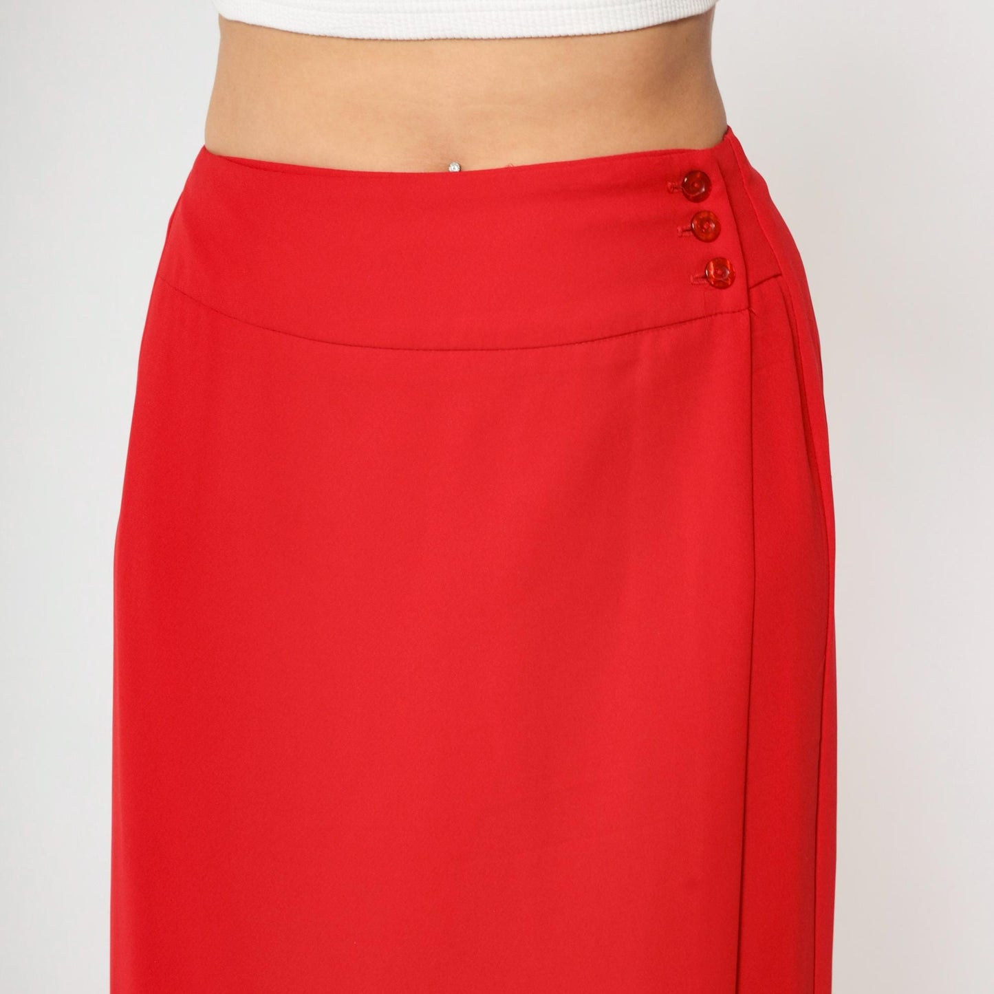 90s Red Faux Wrap Skirt High Waist Straight Midi Ankle Length Medium 8