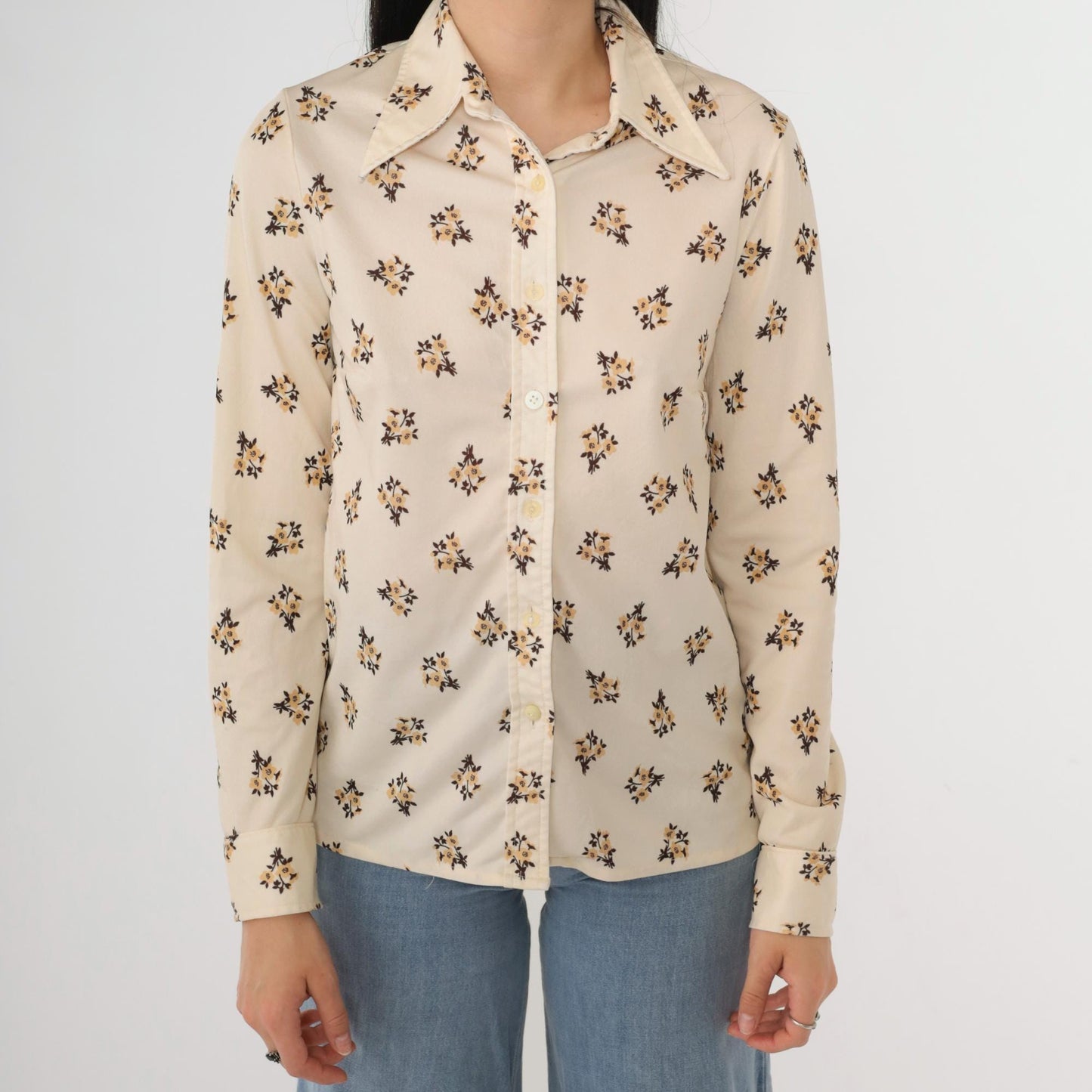 70s Floral Cream Button-Up Blouse Pointed Collar Long Sleeve Small