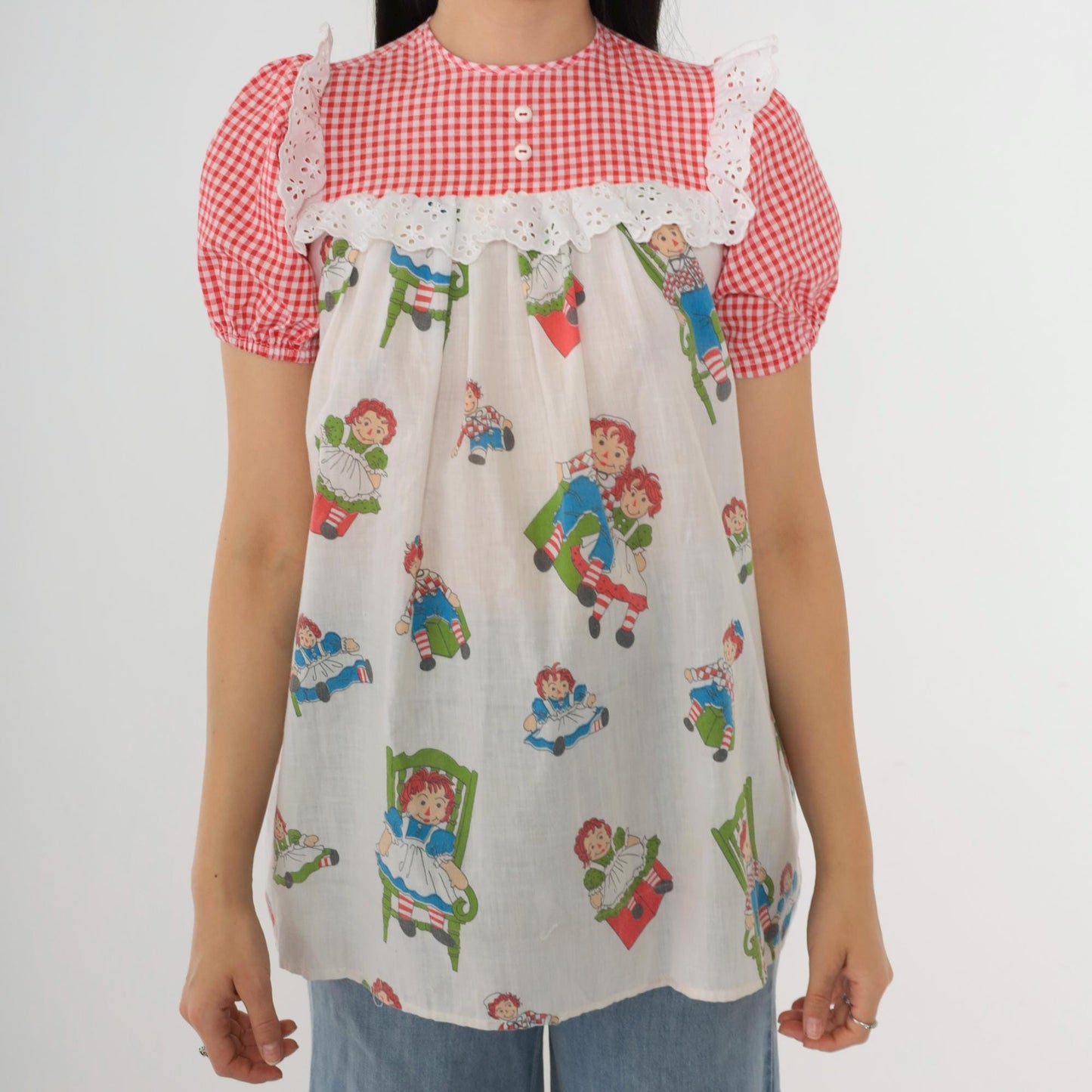 70s Raggedy Ann Pajama Shirt White Red Gingham Eyelet Puff Sleeve XXS