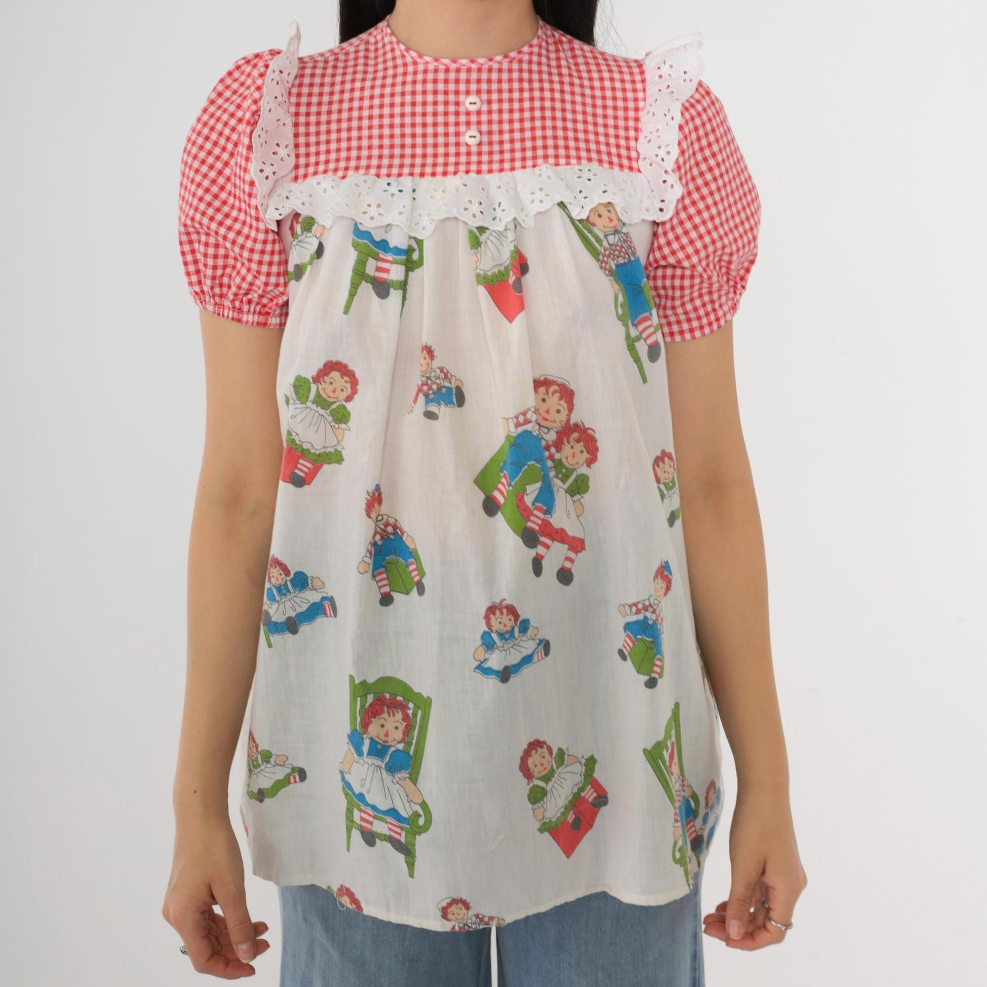 70s Raggedy Ann Pajama Shirt White Red Gingham Eyelet Puff Sleeve XXS