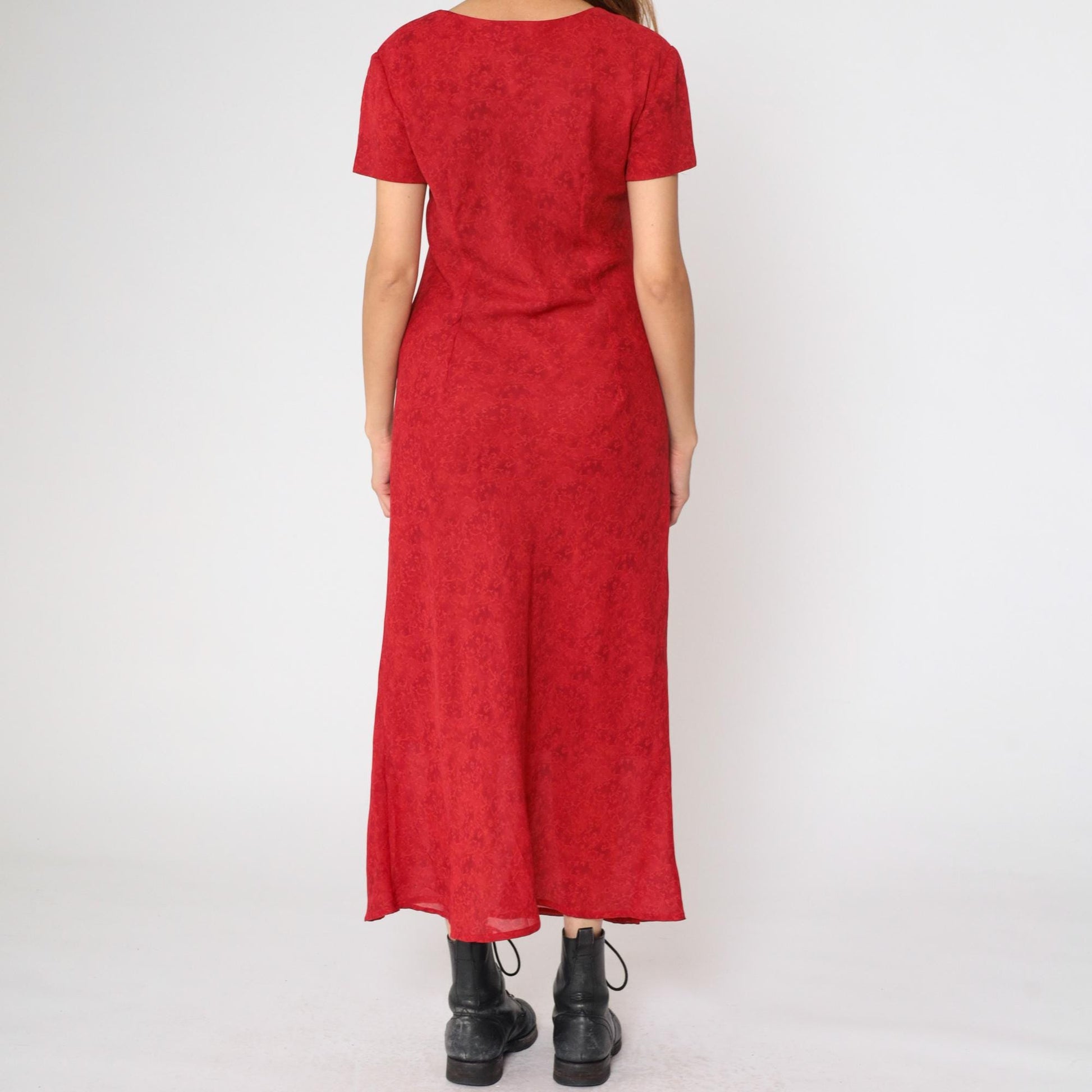 90s Jessica Howard Red Floral Maxi Dress Shift Scoop Neck Short Sleeve Large