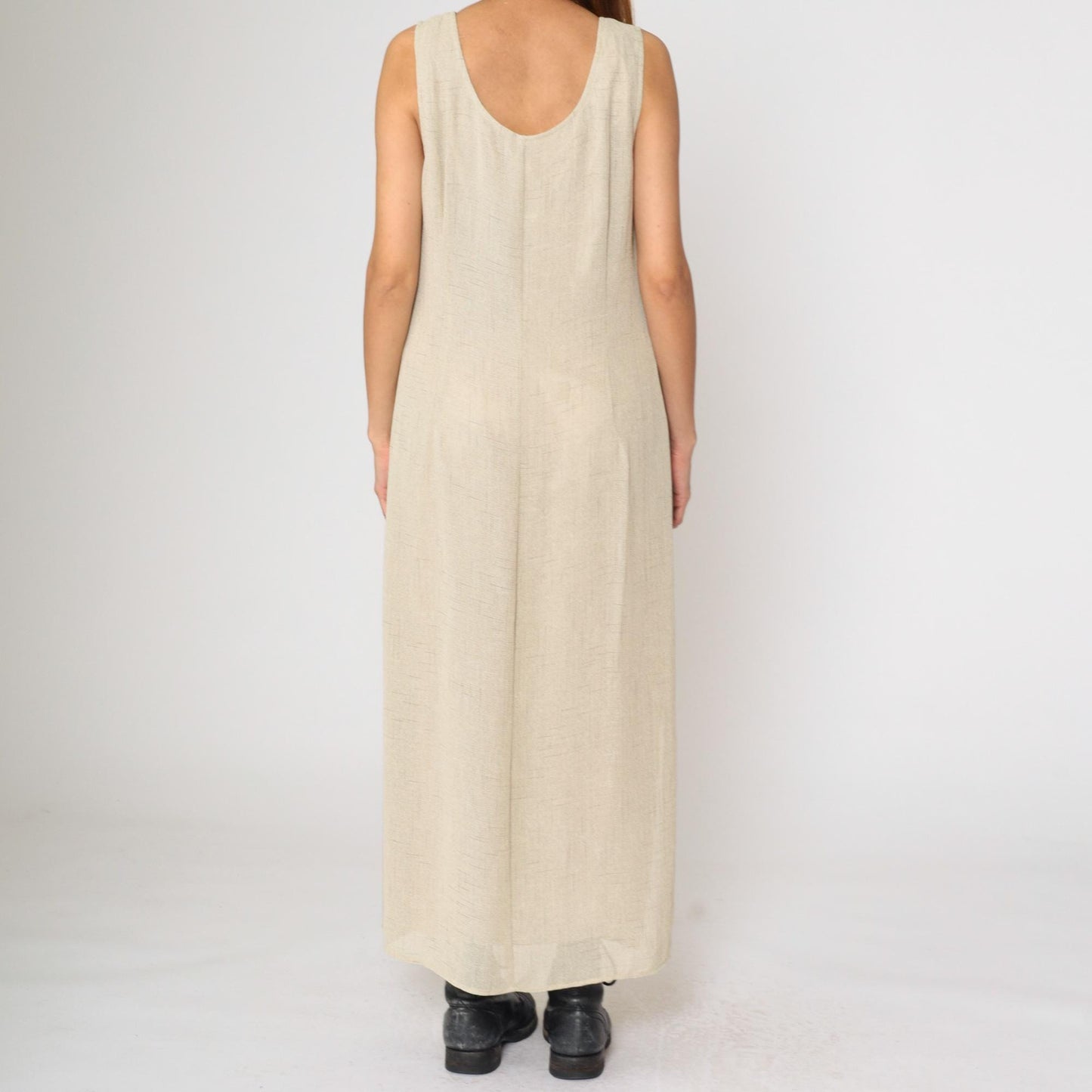 90s Dressbarn Beige Maxi Dress Sleeveless Scoop Neck Side Slit Large