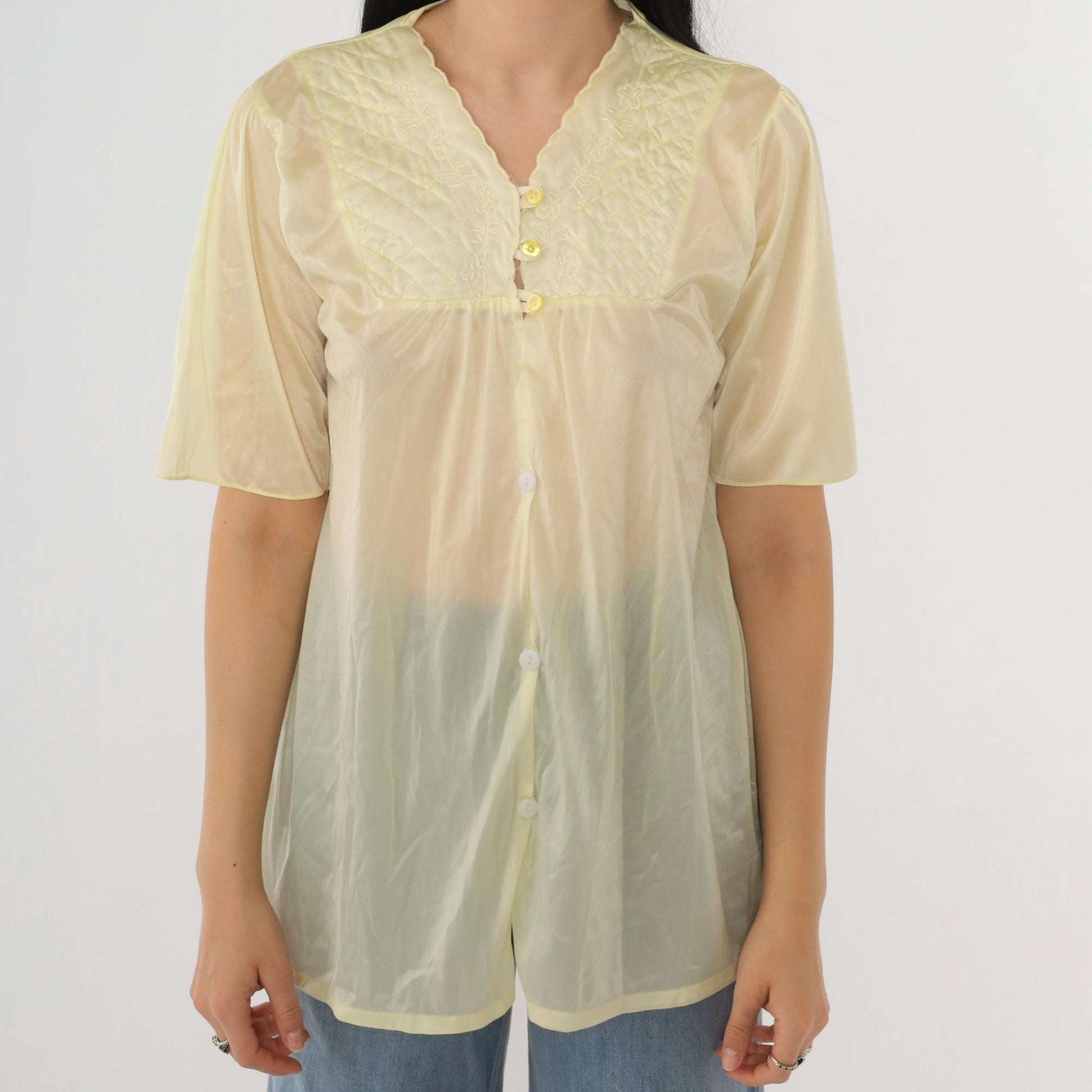80s Yellow Sheer Nylon Pajama Top Floral Embroidered Quilted Yoke Button Up Small Medium