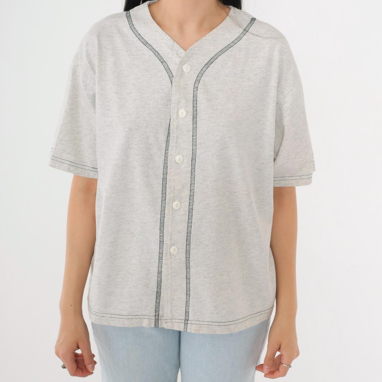 90s Lynne Designs Baseball Button-Up Shirt Grey Cotton Short Sleeve Medium