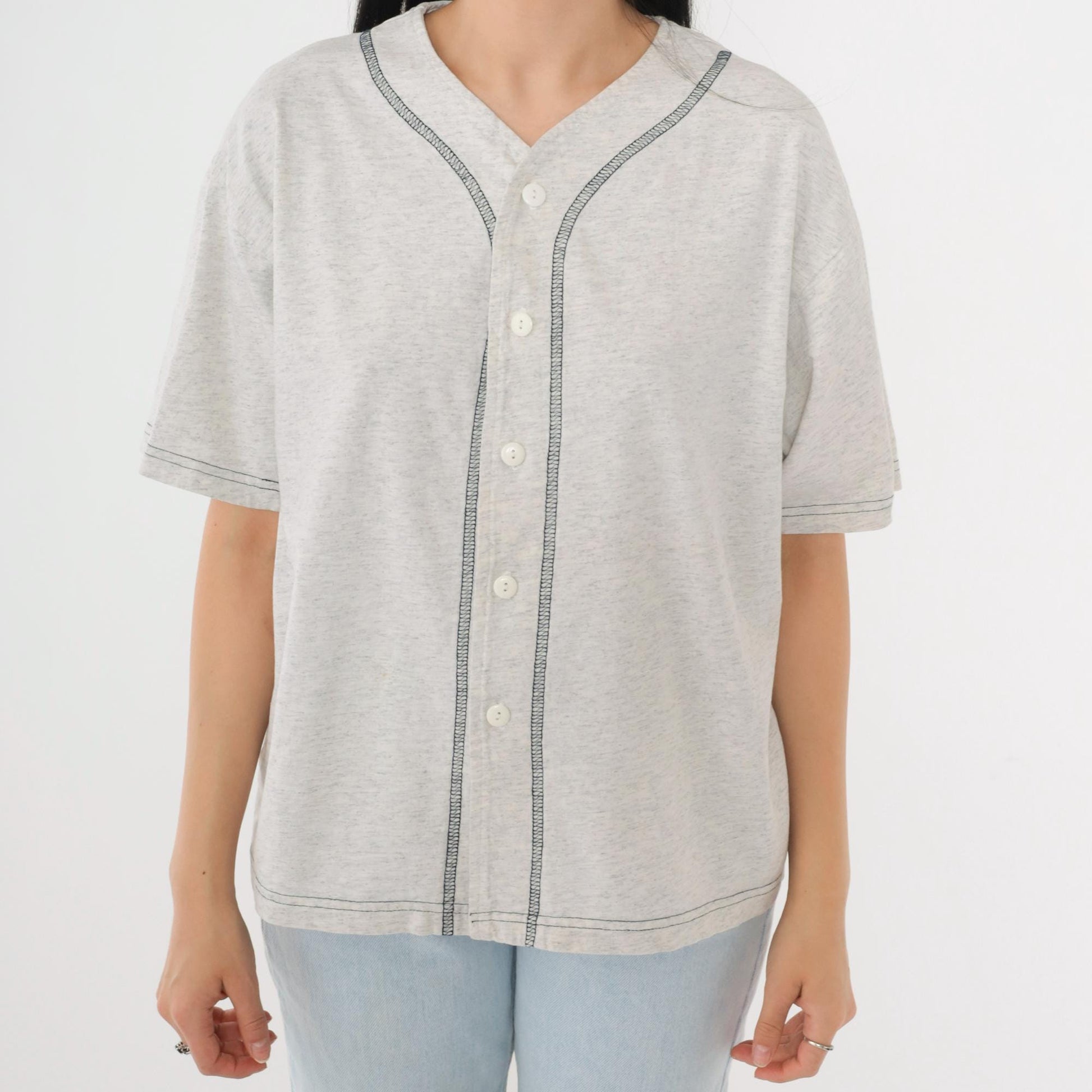 90s Lynne Designs Baseball Button-Up Shirt Grey Cotton Short Sleeve Medium