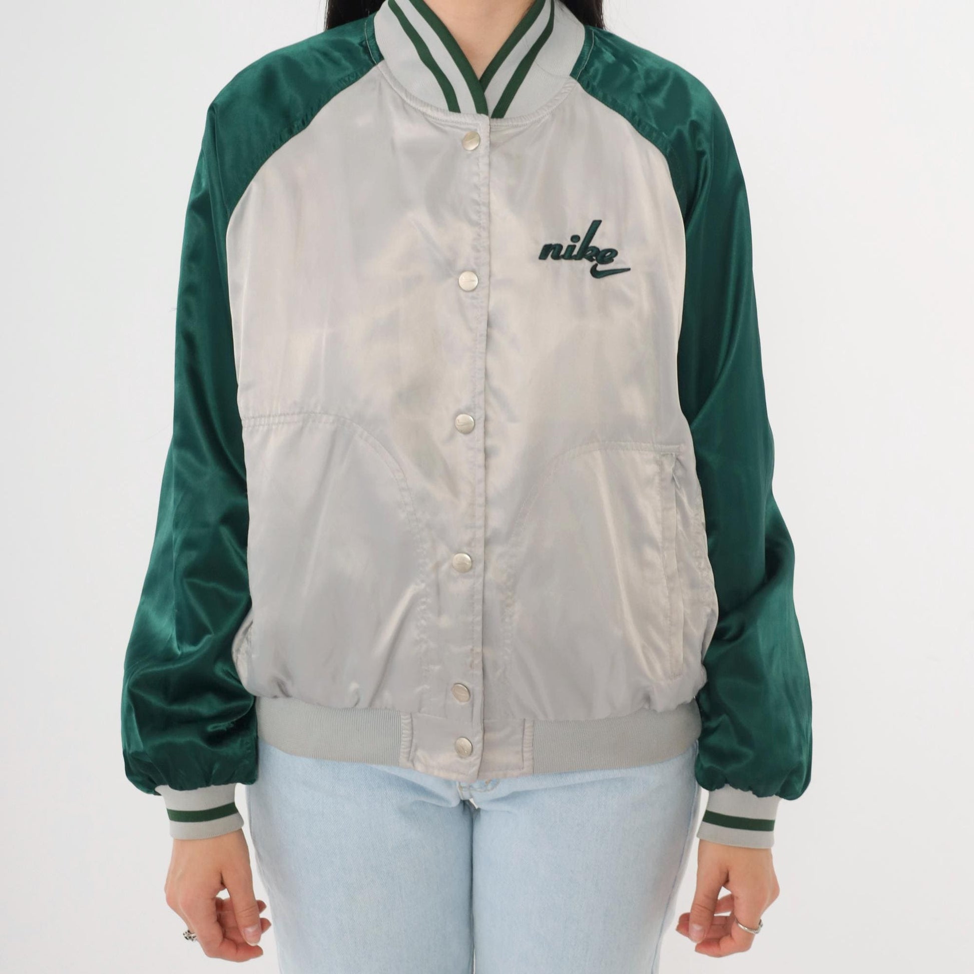 Y2K Nike Silver Satin Bomber Jacket Green Raglan Sleeve Small