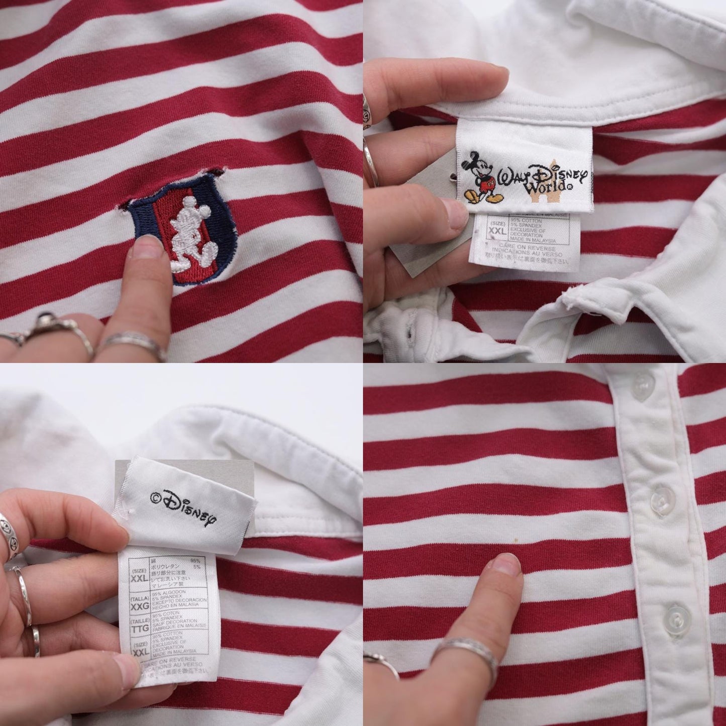 Y2K Mickey Mouse Walt Disney World Polo Shirt Red White Striped Plus Size XXL