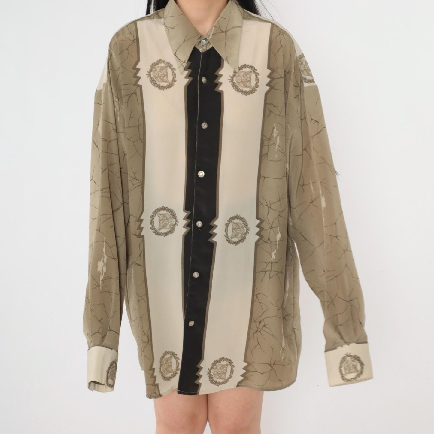 90s Platini Jeans Cougar Emblem Button-Up Shirt Tan Crackle Print Extra Large XL