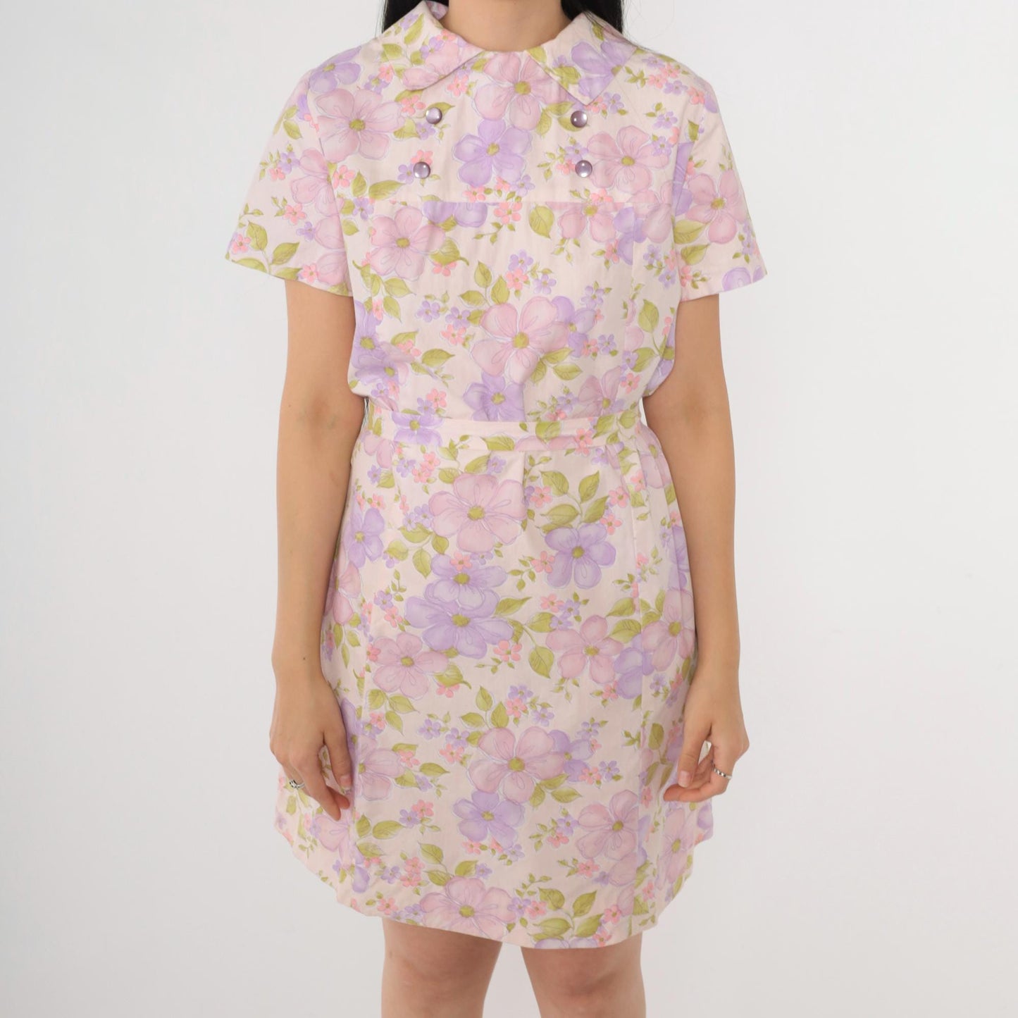 60s Floral Shift Mini Dress Pink Purple Short Sleeve Belted Medium M