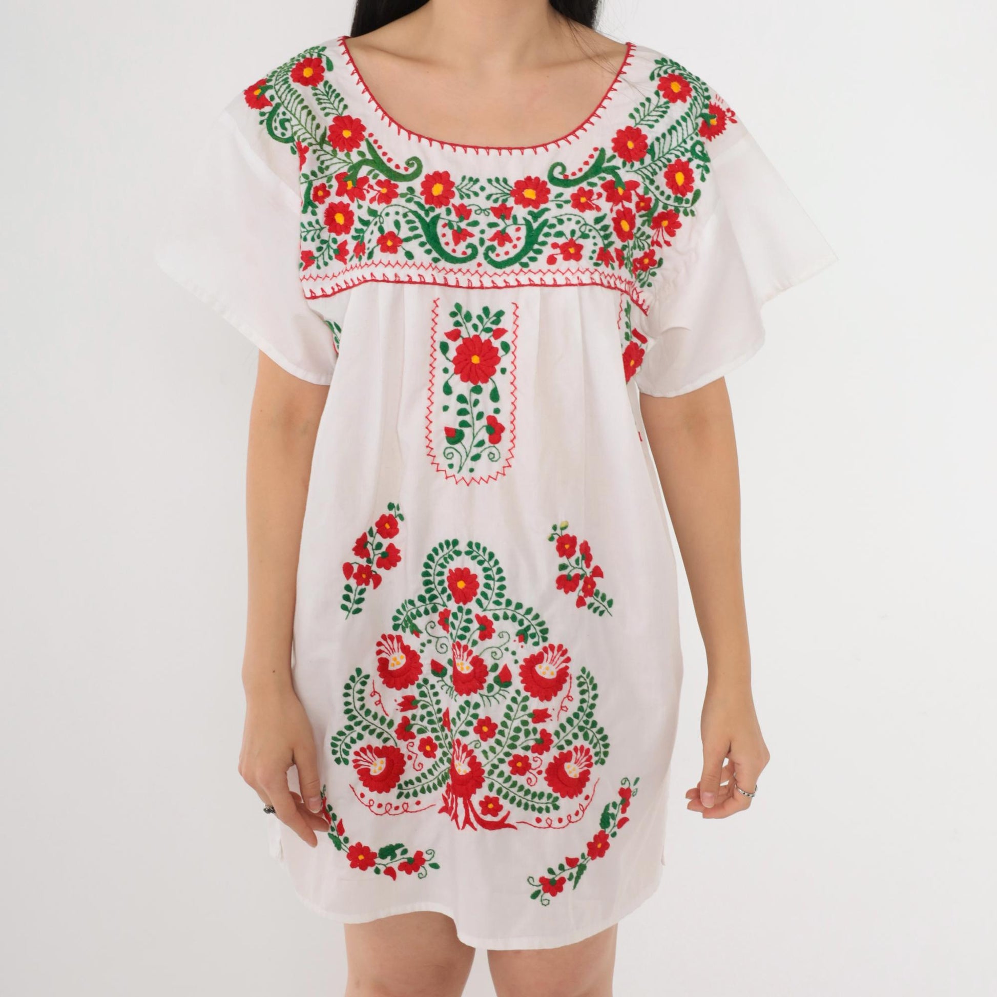 90s Mexican Embroidered Mini Dress White Floral Red Green Short Sleeve Medium M