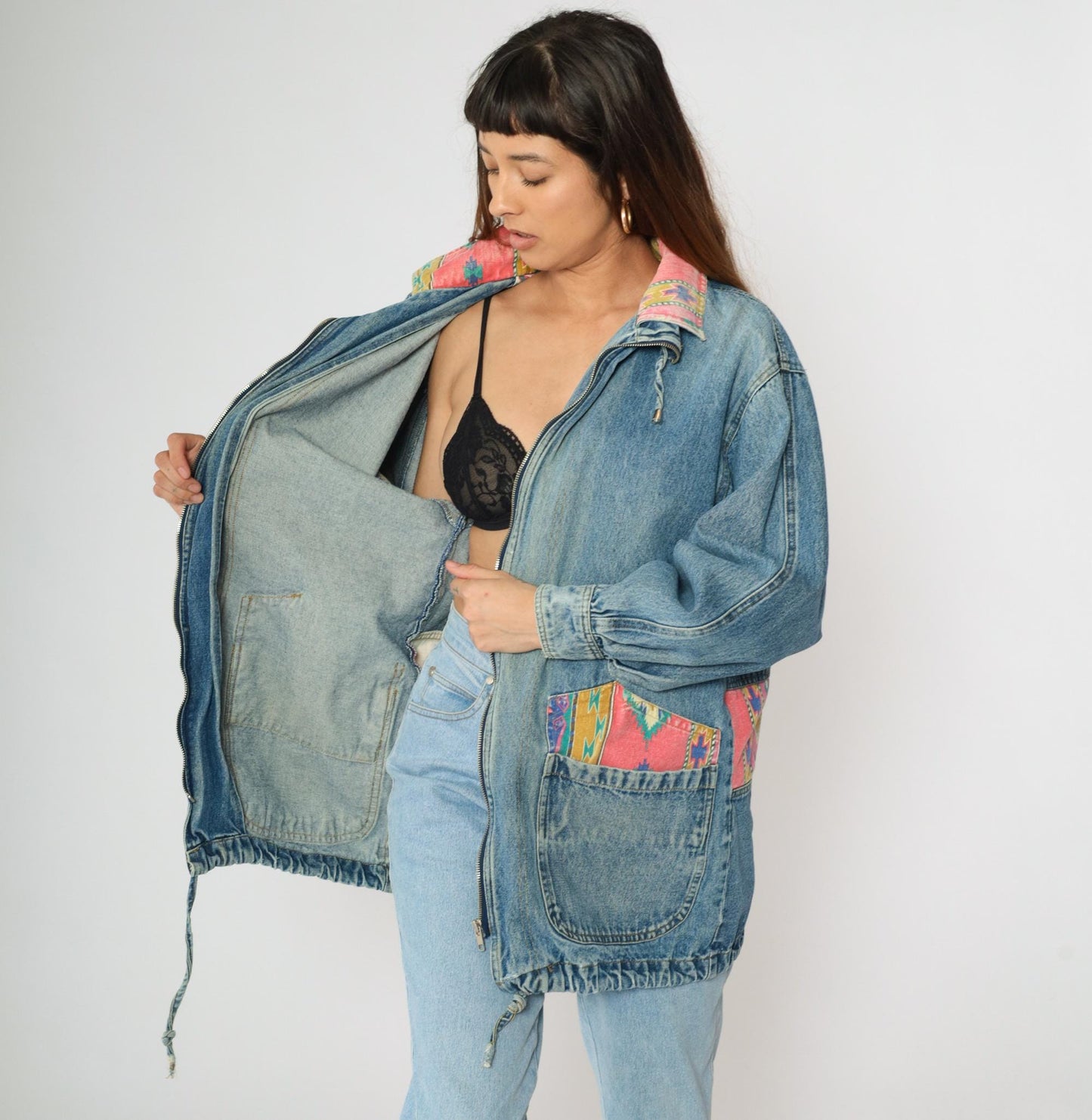 90s Southwestern Denim Jacket Blue Aztec Patch Jean Coat Medium M