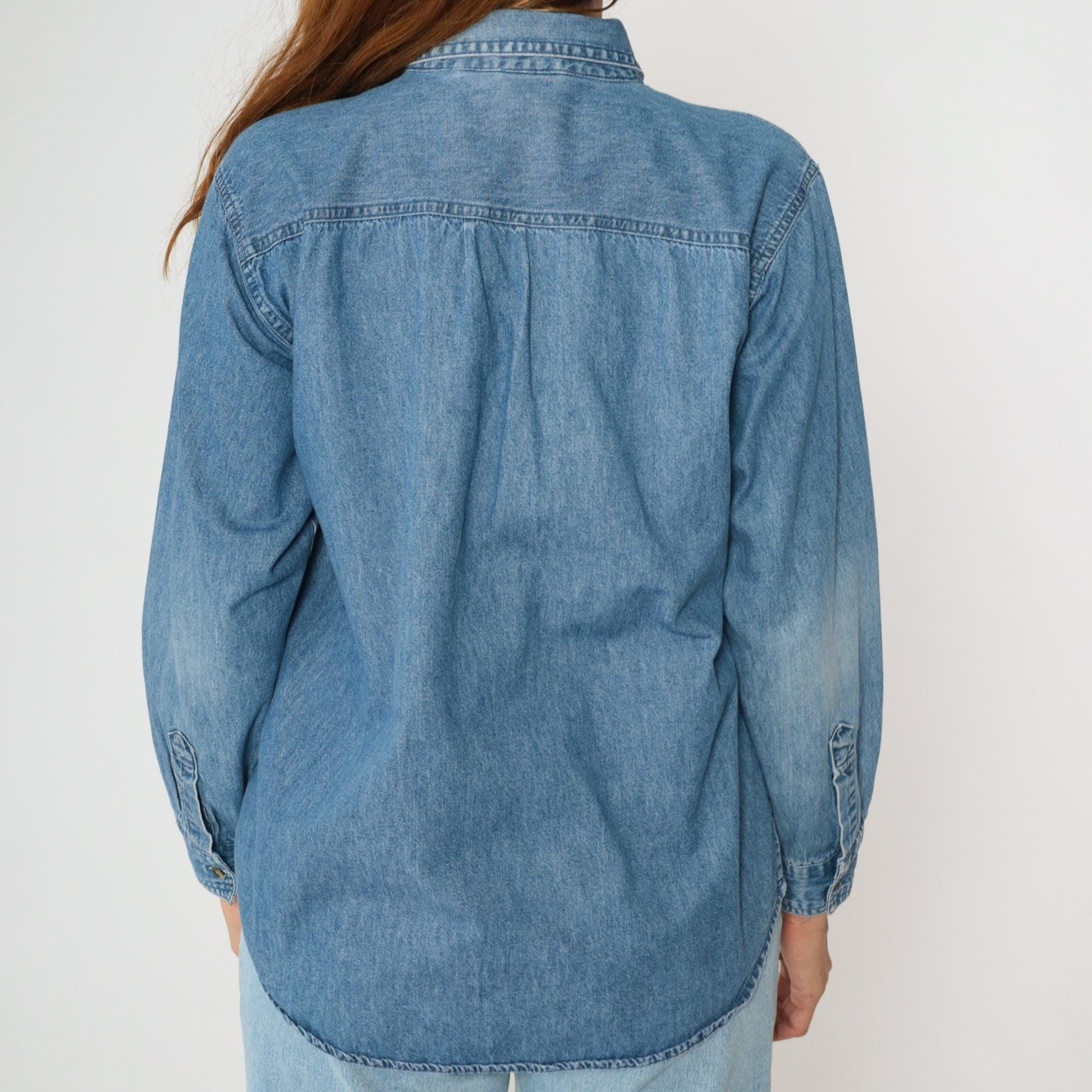 90s River Blues Floral Embroidered Denim Button-Up Shirt Blue Medium M
