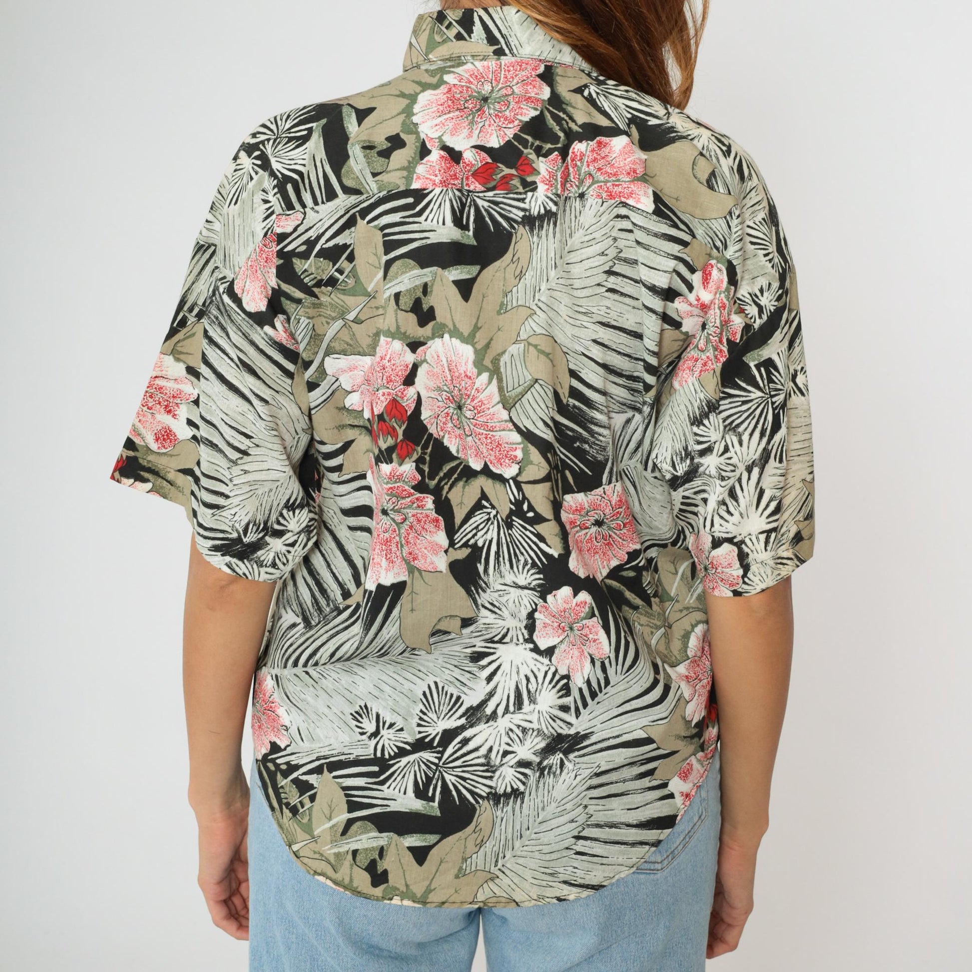 90s Tropical Floral Button Up Blouse Short Sleeve Black Grey Red Large