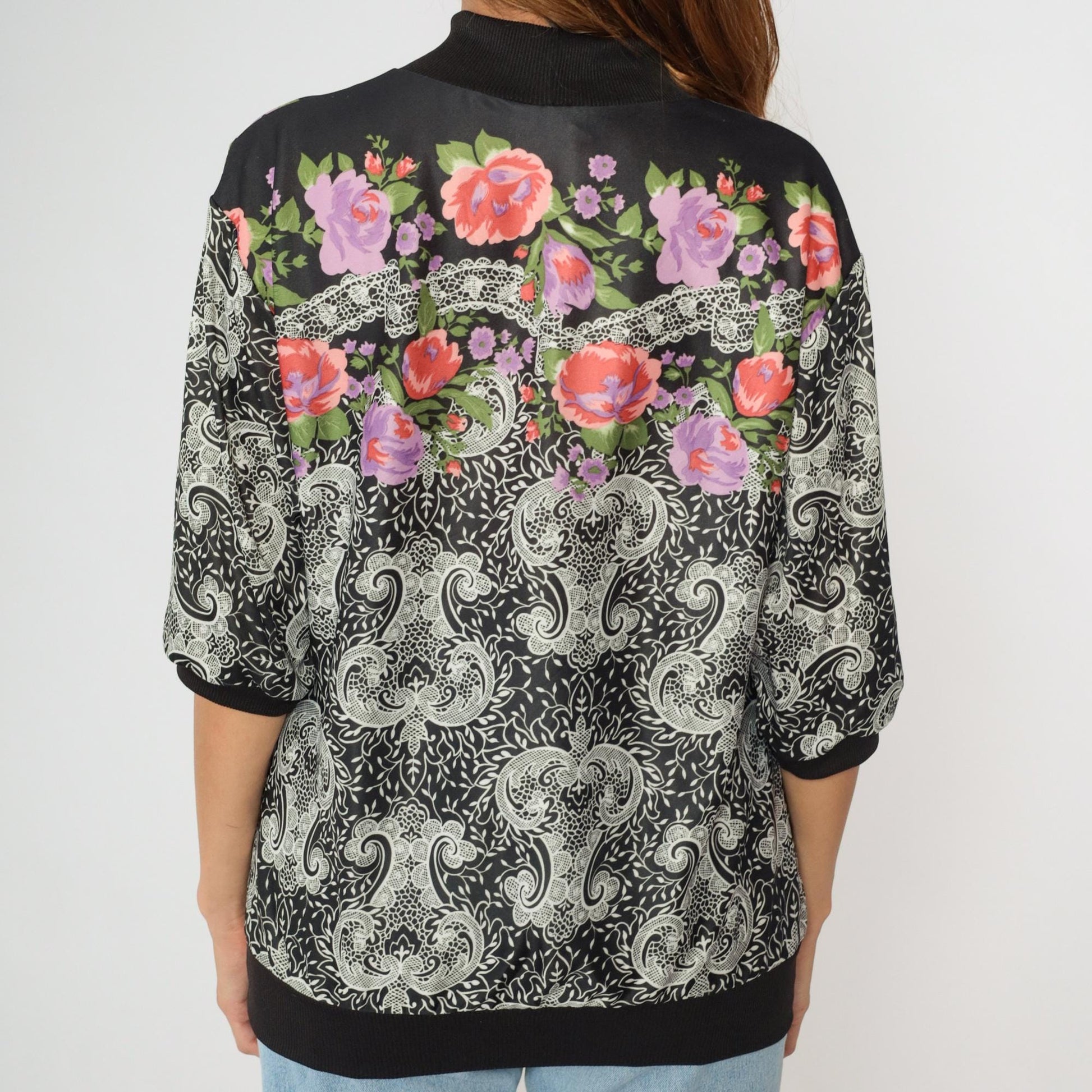 80s Black Floral Paisley Blouse Mock Neck 3/4 Sleeve Large L