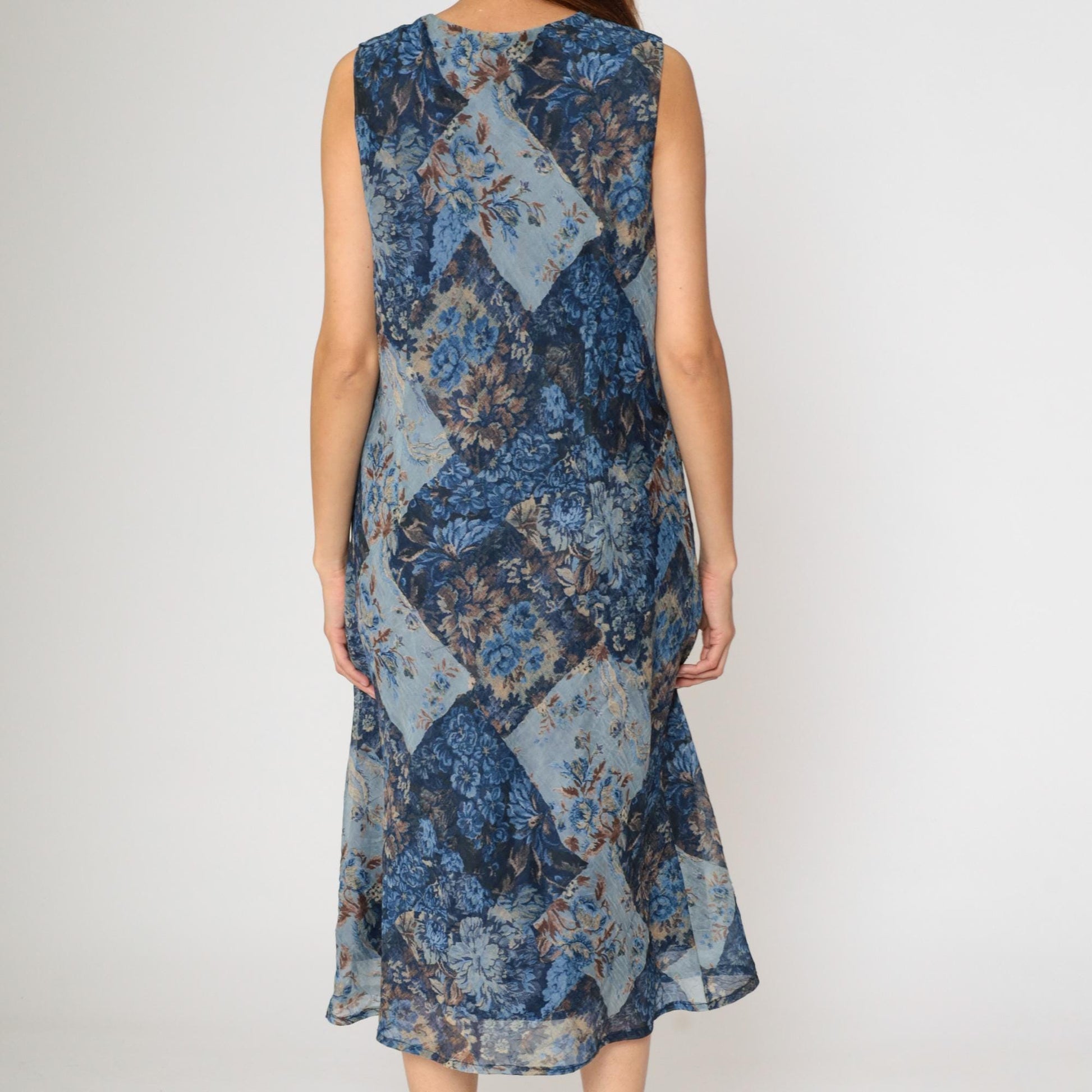 90s K Studio Patchwork Floral Midi Dress Blue Sleeveless Scoop Neck Size 18