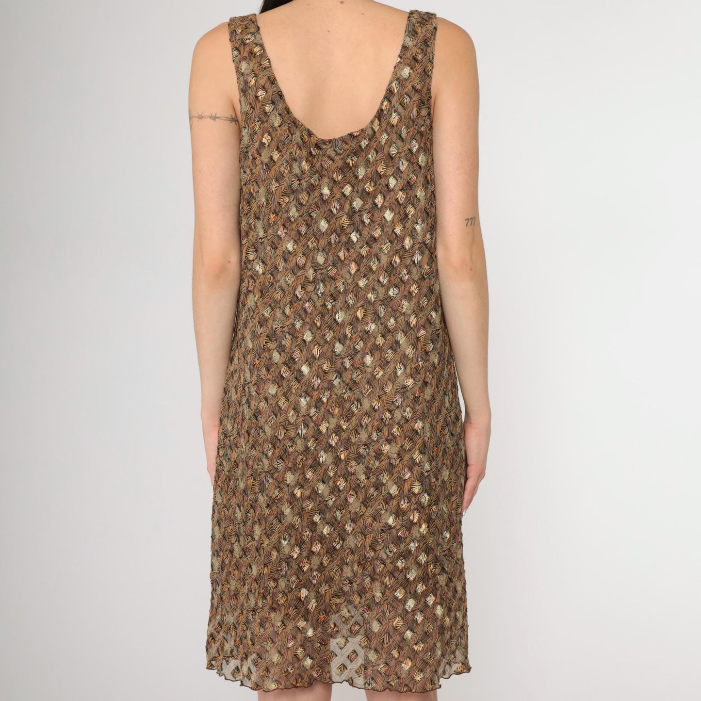 90s Sheer Metallic Floral Abstract Chiffon Mini Dress Scoop Neck Sleeveless Large L