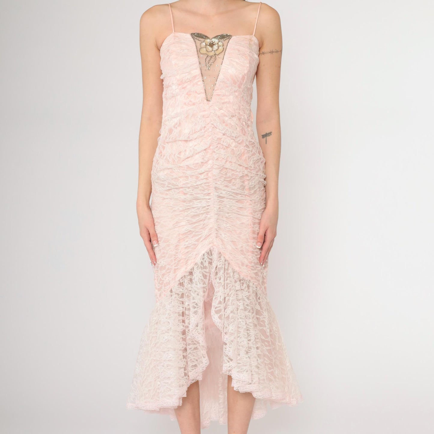 80s Pink Lace Beaded Sequin Evening Dress Sweetheart Neckline Spaghetti Strap Extra Small