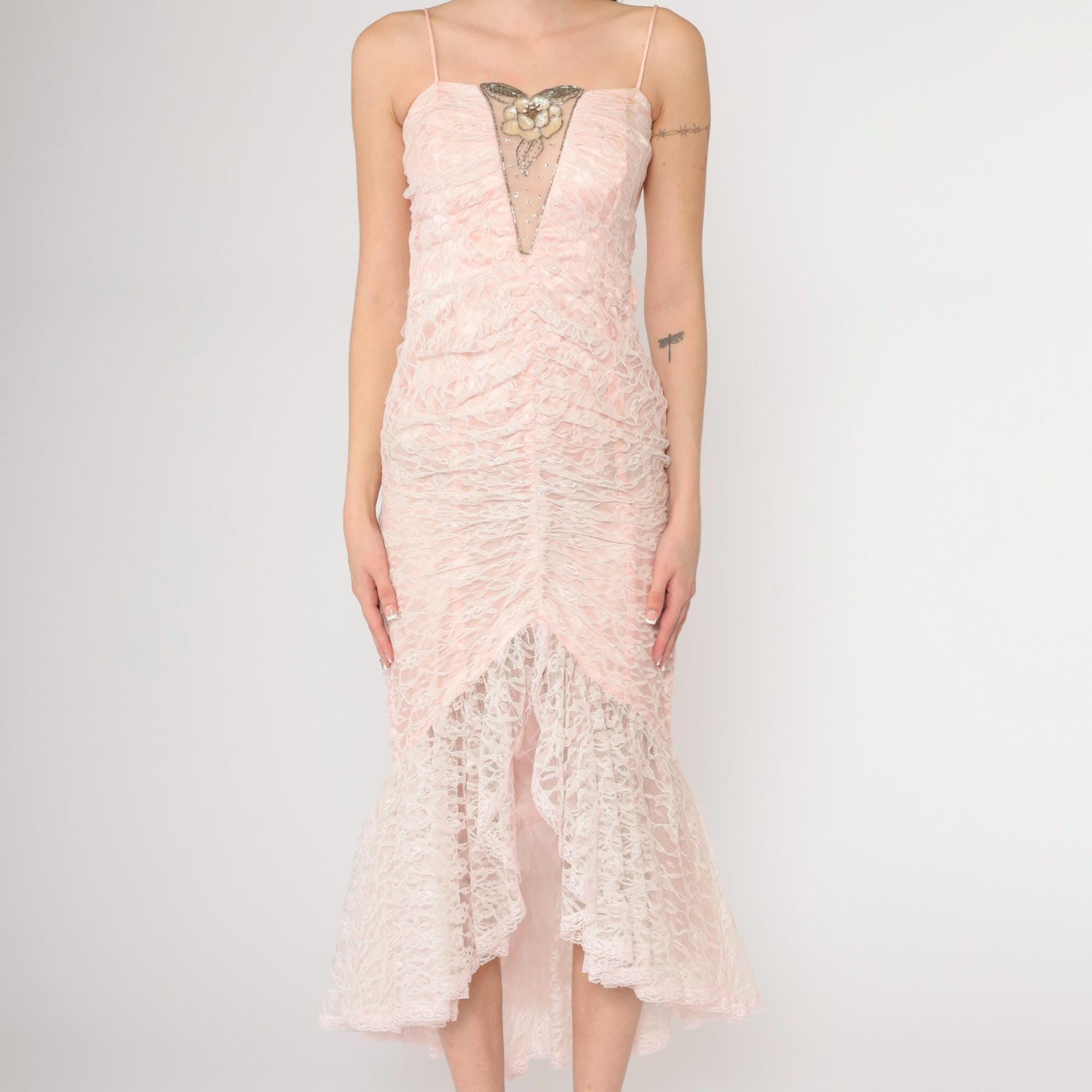 80s Pink Lace Beaded Sequin Evening Dress Sweetheart Neckline Spaghetti Strap Extra Small