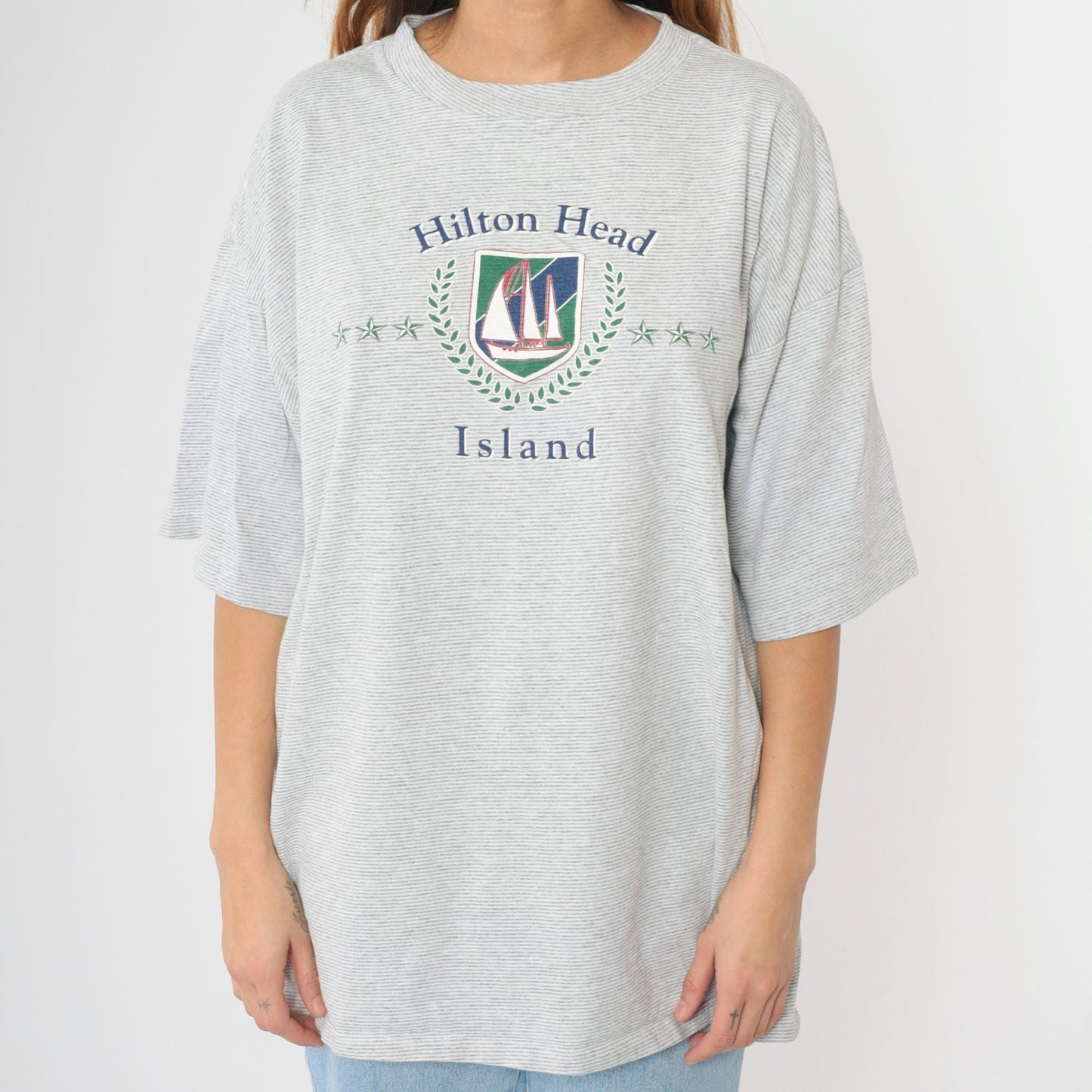 90s Hilton Head Island Sailboat Graphic T-Shirt Grey Striped Crewneck XXL