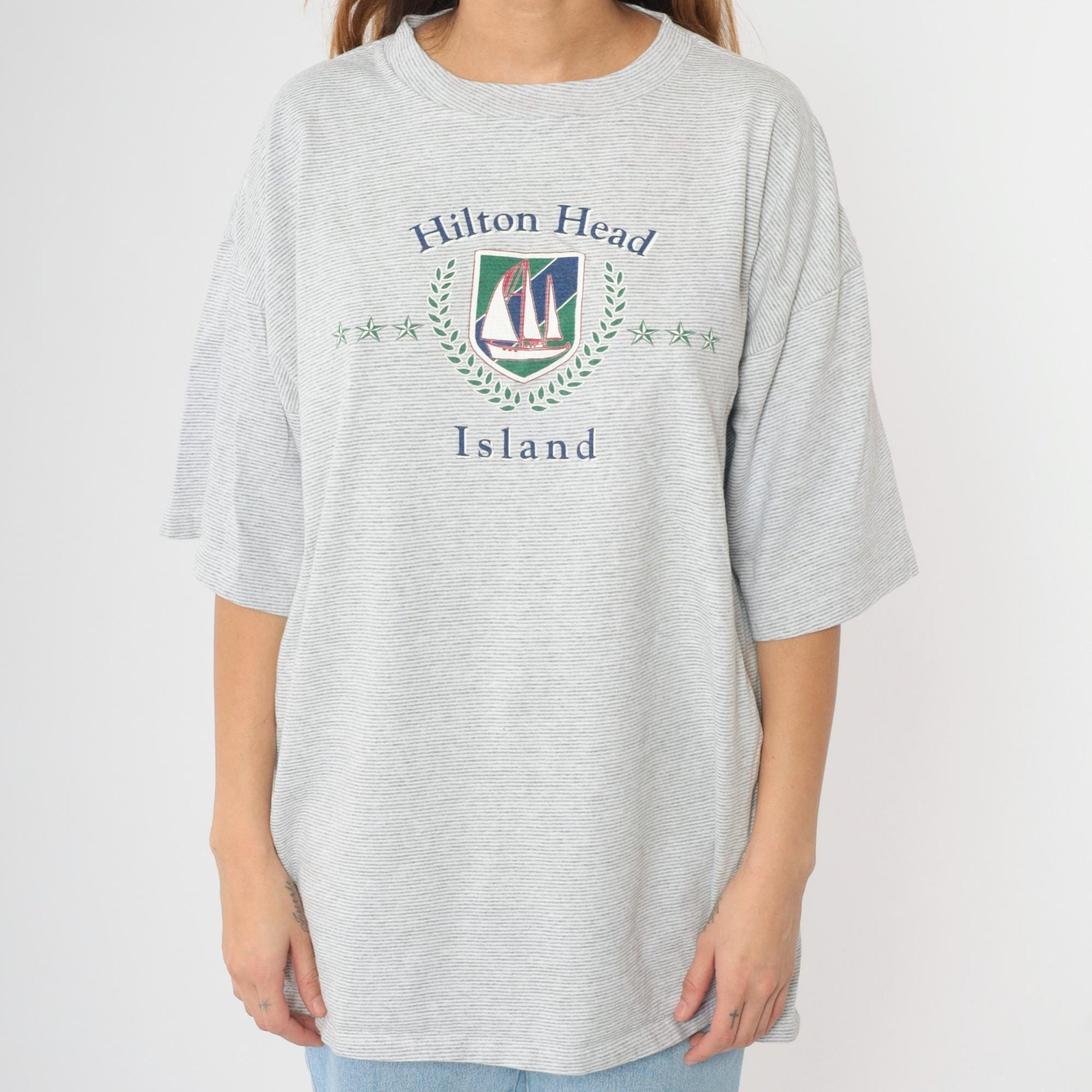 90s Hilton Head Island Sailboat Graphic T-Shirt Grey Striped Crewneck XXL