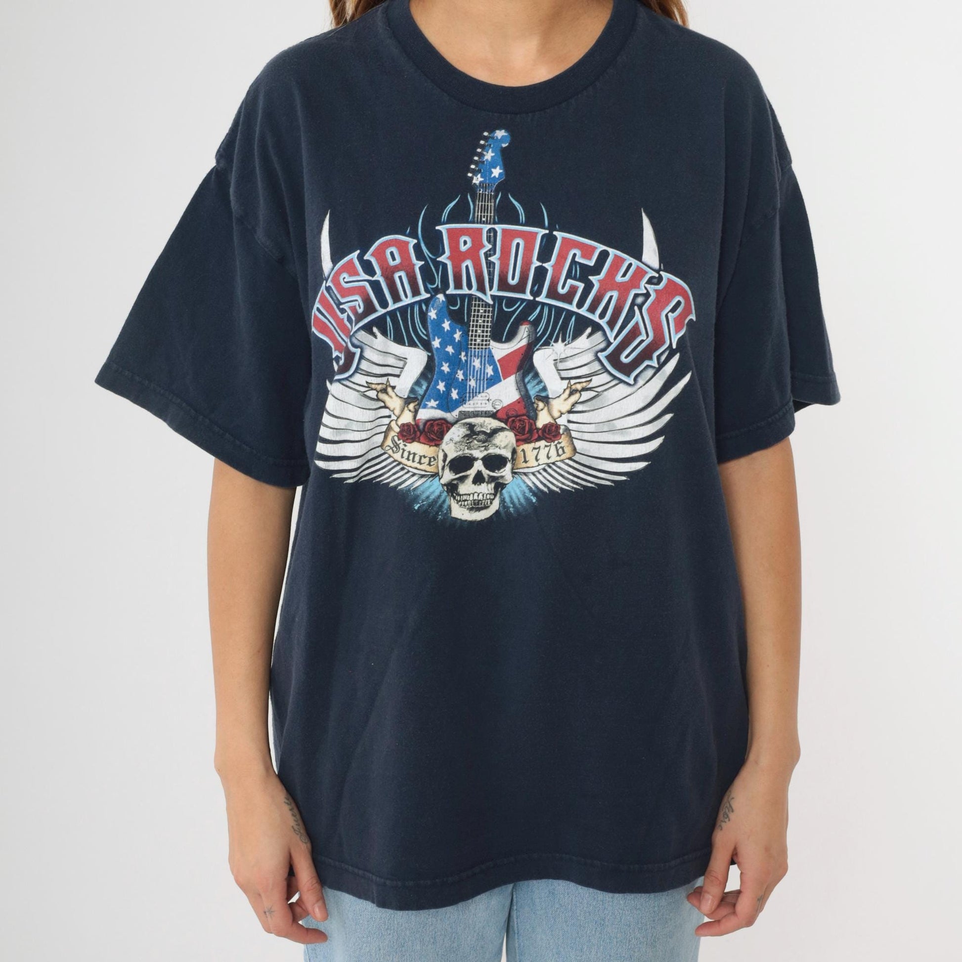 USA Rocks Skull Guitar Graphic T-Shirt Navy Cotton Crewneck Extra Large XL