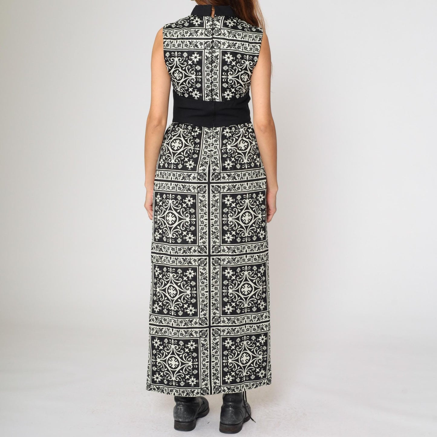 70s Black White Damask Floral Maxi Dress Mock Neck High Slit Small