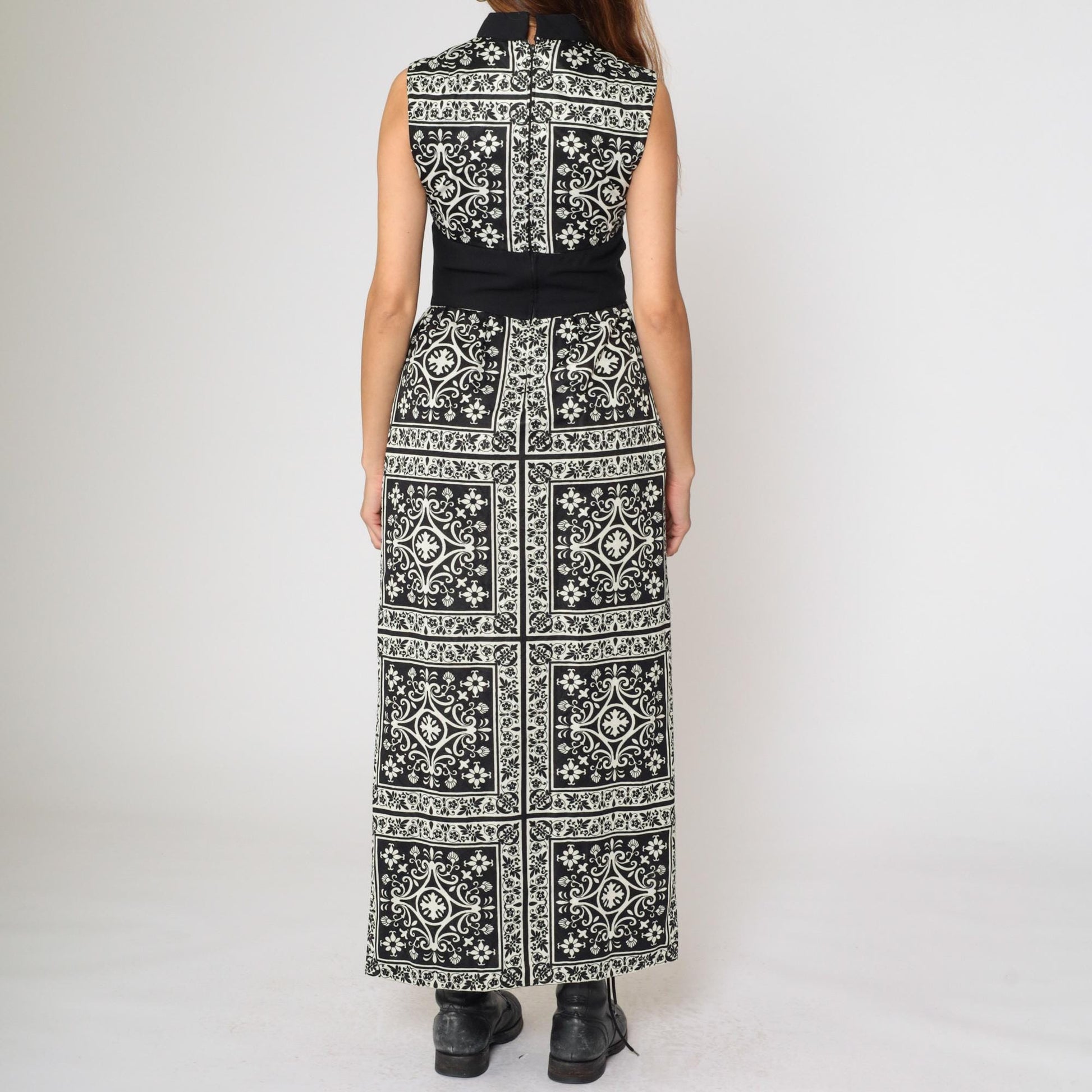70s Black White Damask Floral Maxi Dress Mock Neck High Slit Small