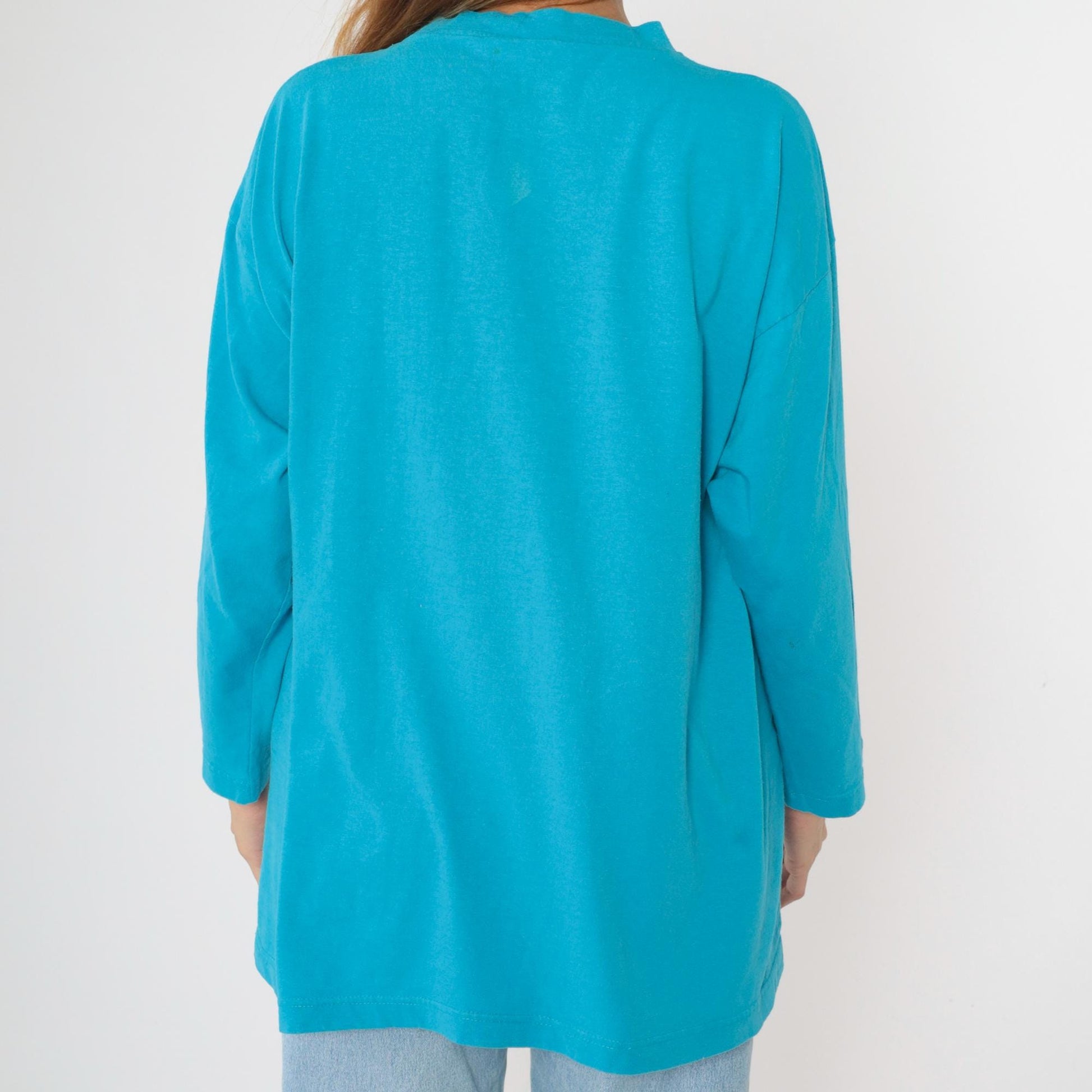 90s Hollywood Los Angeles Embossed Graphic Long Sleeve Tee Turquoise Extra Large XL