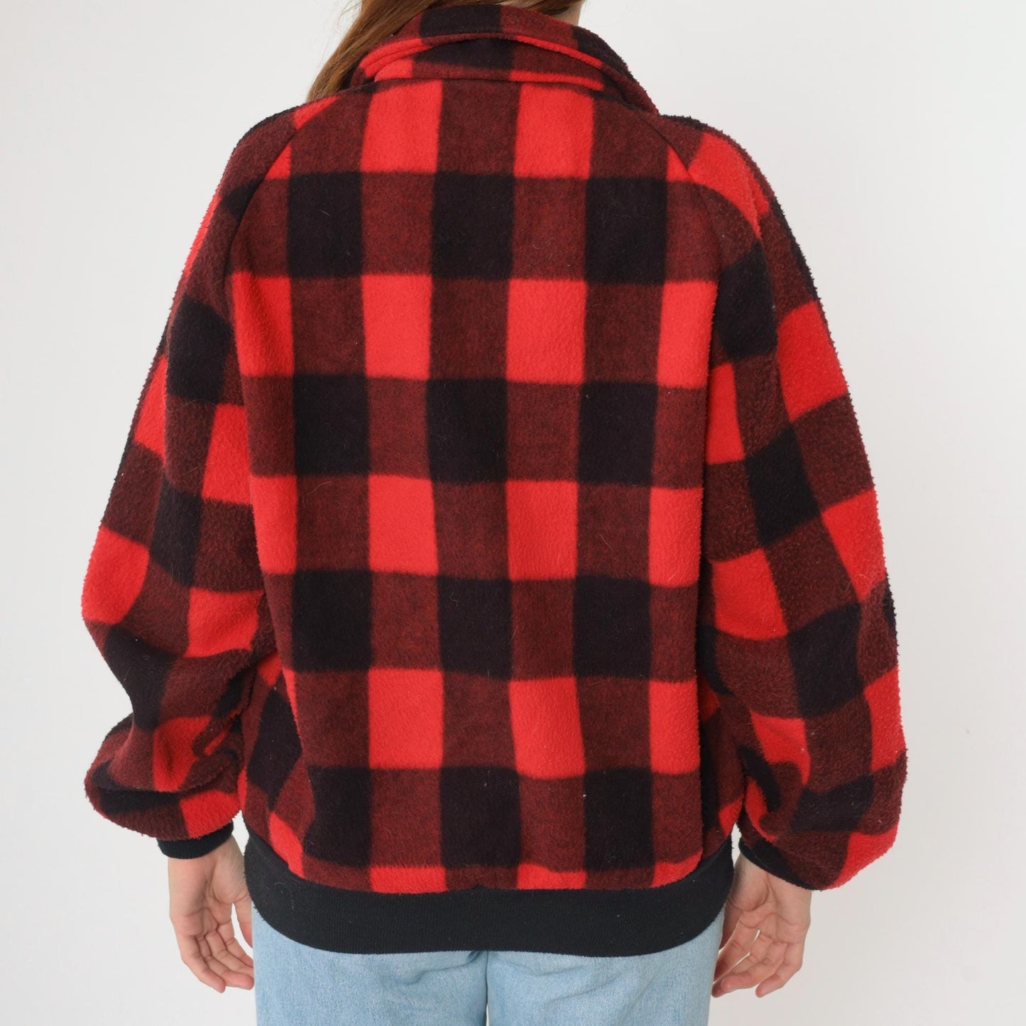 90s Buffalo Plaid Polar Fleece Zip Jacket Red Black Check Medium