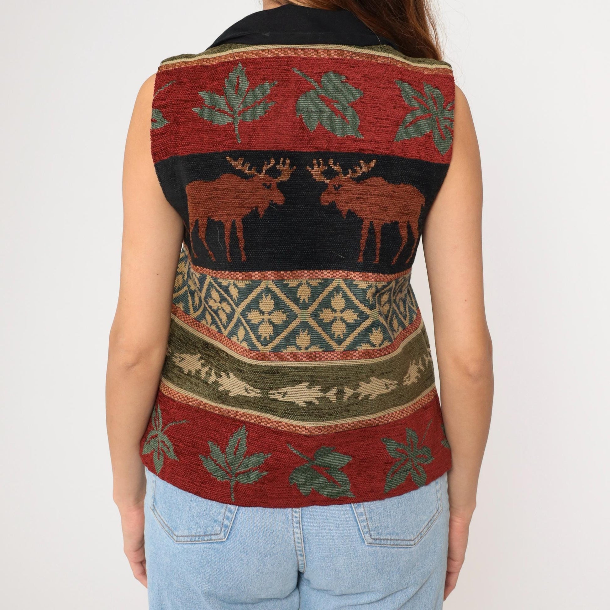 Y2K Coldwater Creek Tapestry Vest Moose Leaves Button-Up Medium