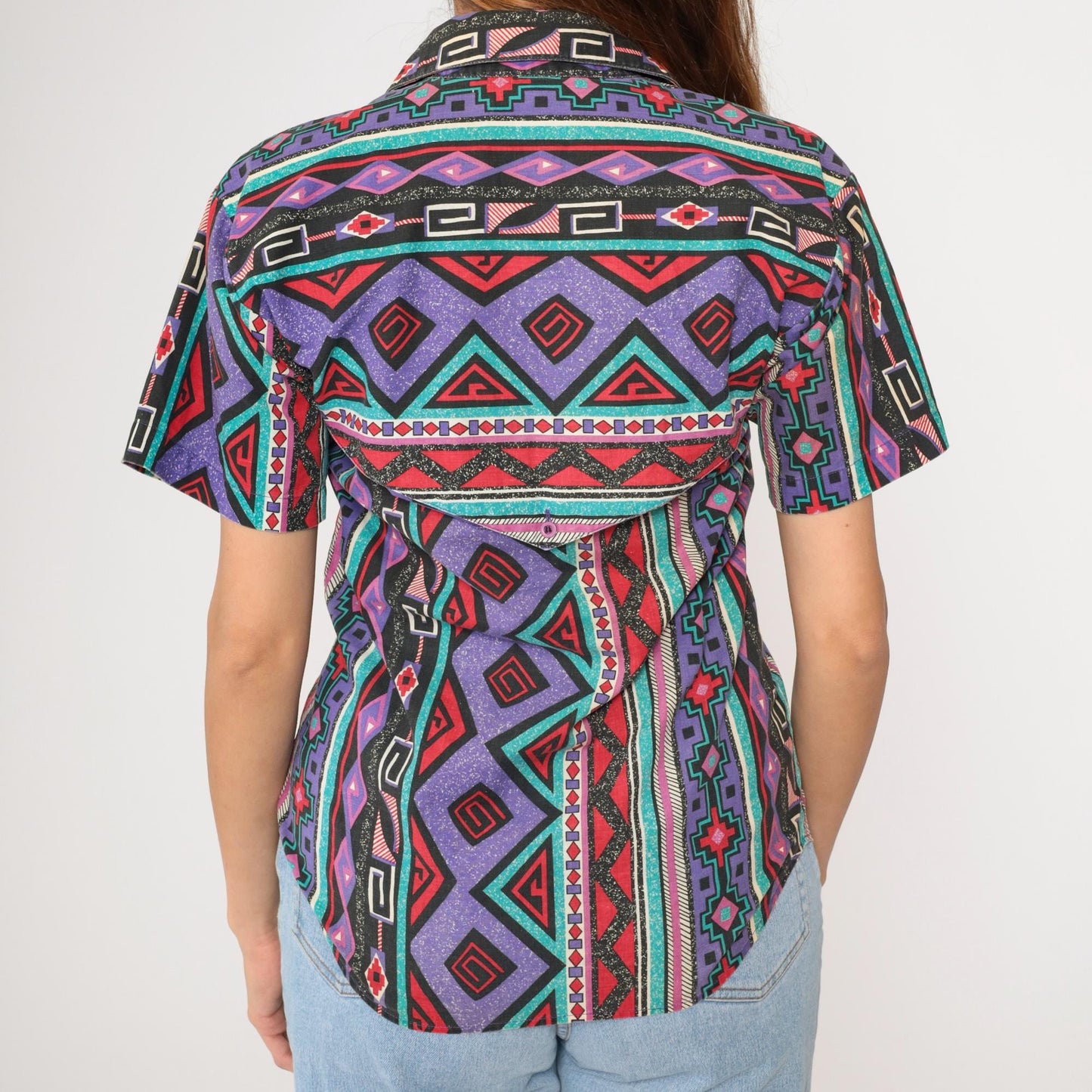 90s Wrangler Southwestern Striped Button-Up Shirt Purple Short Sleeve Small