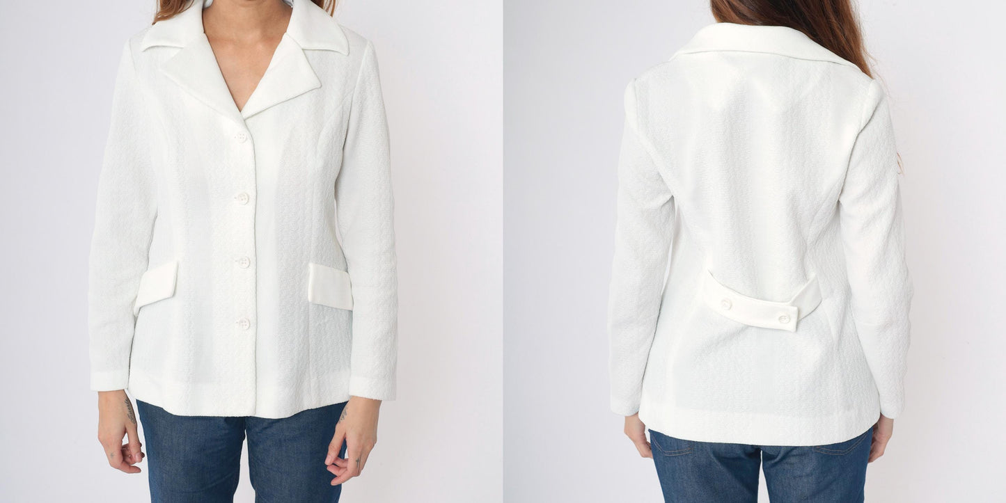 70s White Textured Polyester Blazer Button-Up Jacket Deep V Small